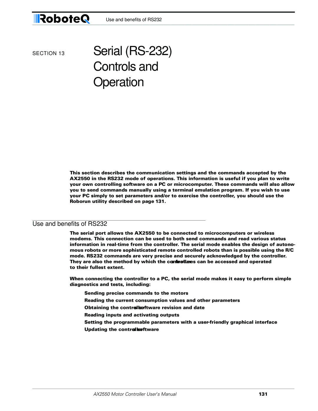 RoboteQ AX2850 user manual Serial RS-232 Controls Operation, Use and benefits of RS232 