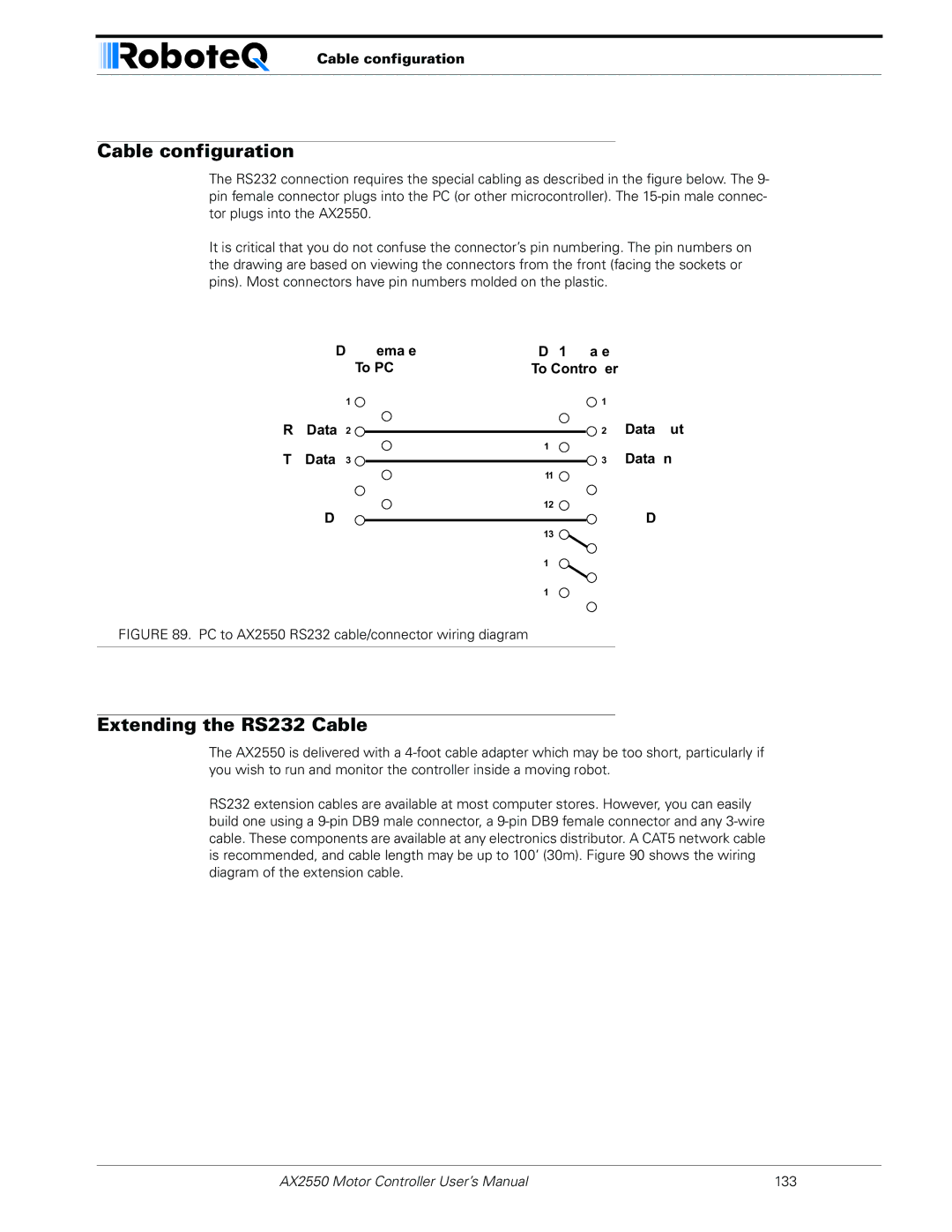 RoboteQ AX2850 user manual Cable configuration, Extending the RS232 Cable 