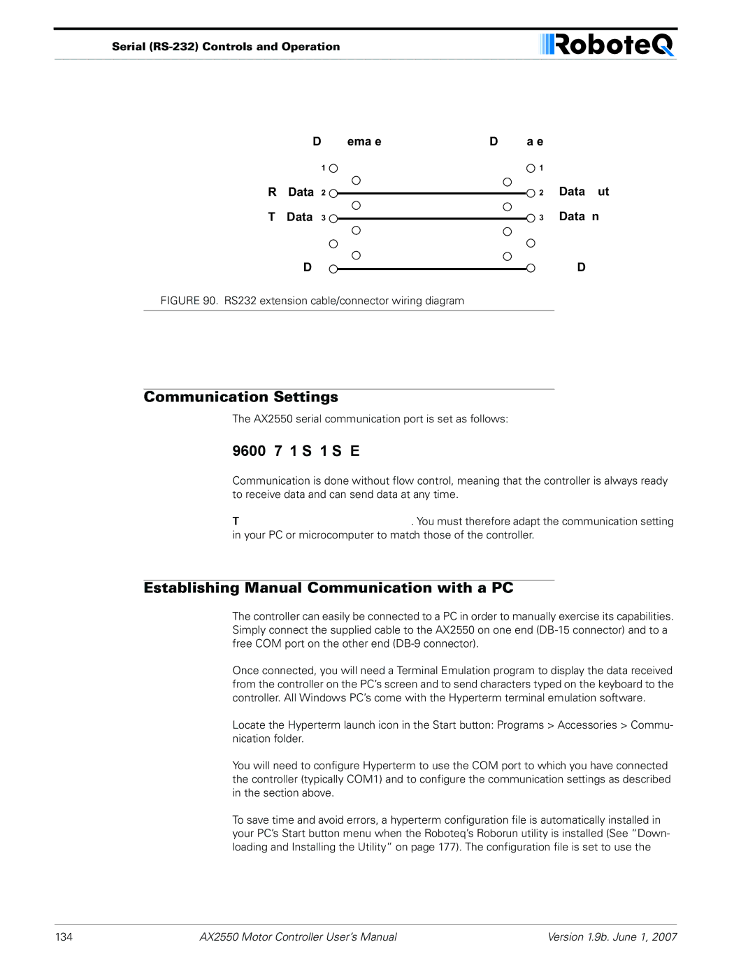 RoboteQ AX2850 user manual Communication Settings, Bits/s, 7-bit data, 1 Start bit, 1 Stop bit, Even Parity 