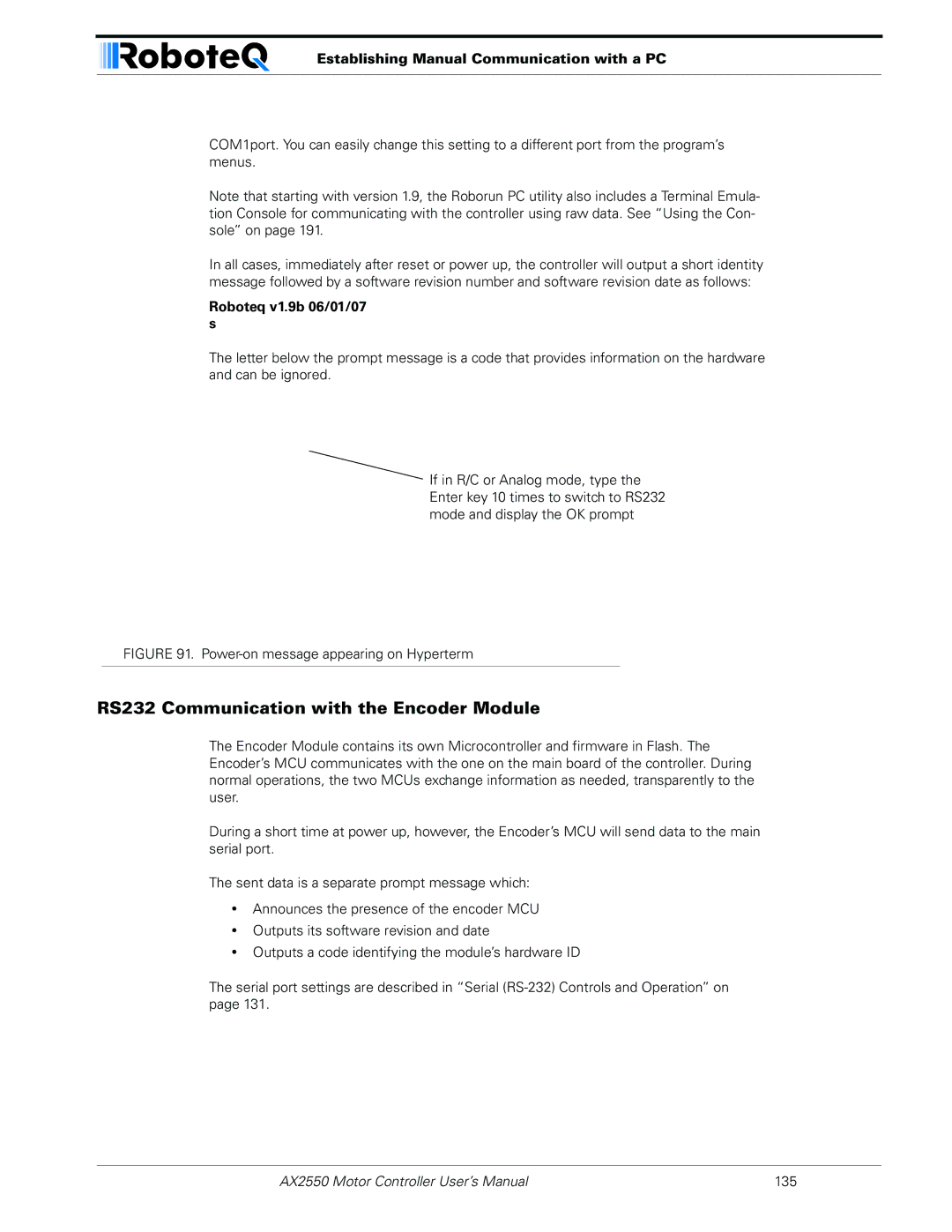 RoboteQ AX2850 user manual RS232 Communication with the Encoder Module, Establishing Manual Communication with a PC 