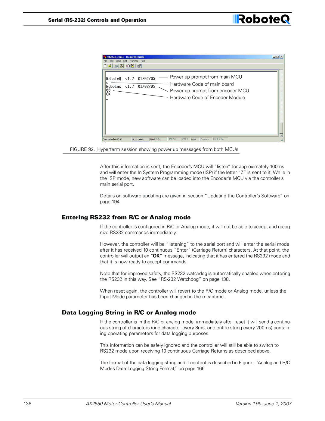 RoboteQ AX2850 user manual Entering RS232 from R/C or Analog mode, Data Logging String in R/C or Analog mode 