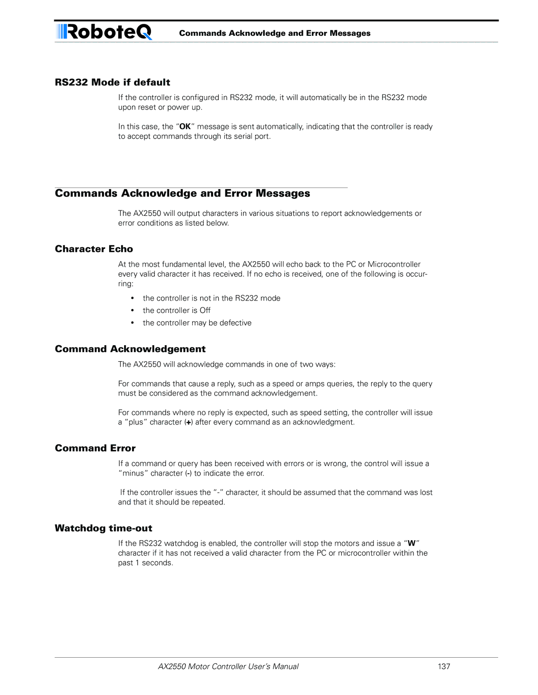 RoboteQ AX2850 user manual Commands Acknowledge and Error Messages 