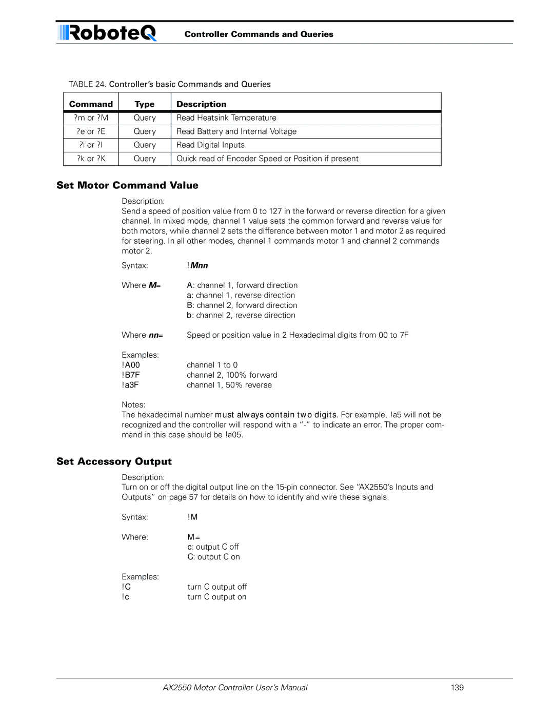 RoboteQ AX2850 user manual Set Motor Command Value, Set Accessory Output, Controller Commands and Queries 