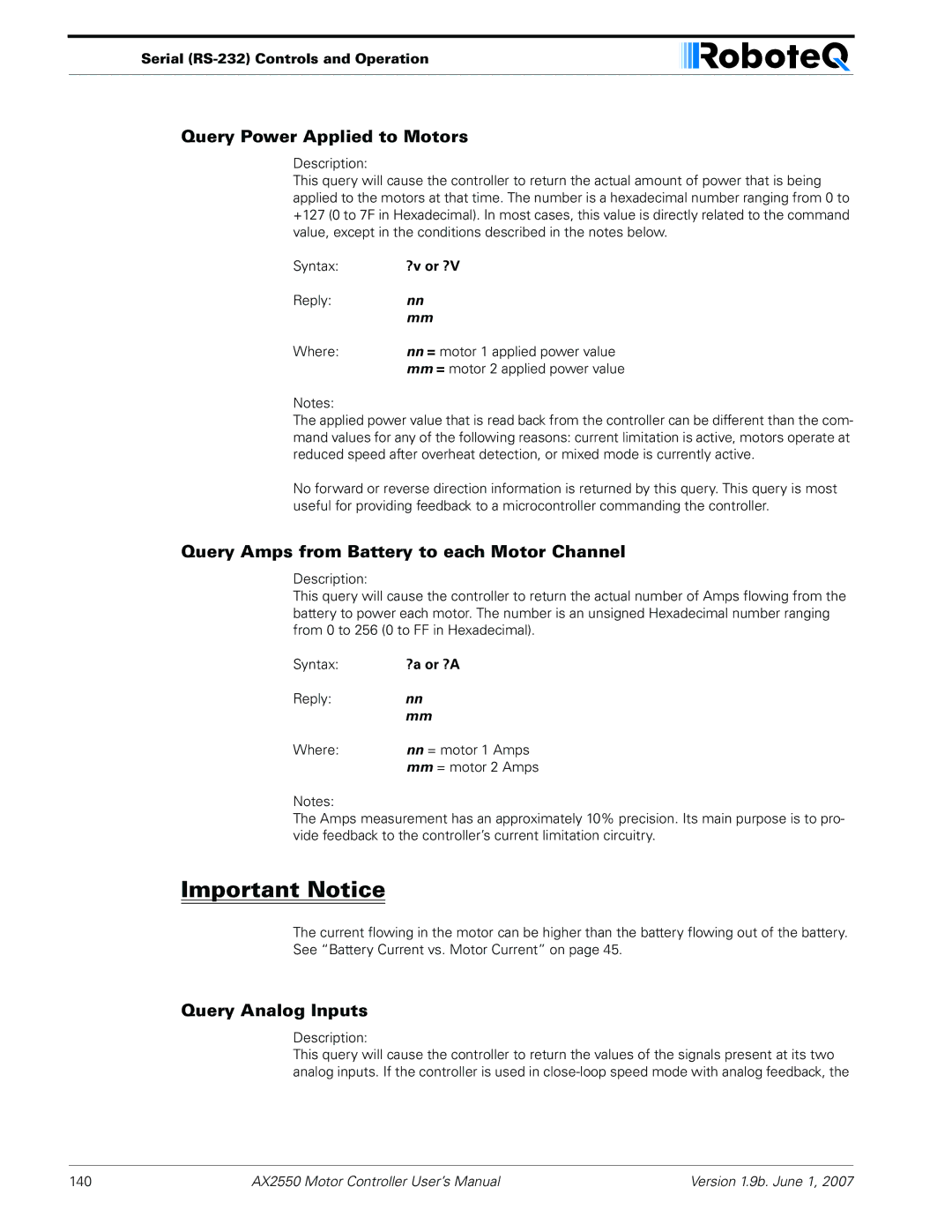 RoboteQ AX2850 Query Power Applied to Motors, Query Amps from Battery to each Motor Channel, Query Analog Inputs, Syntax 