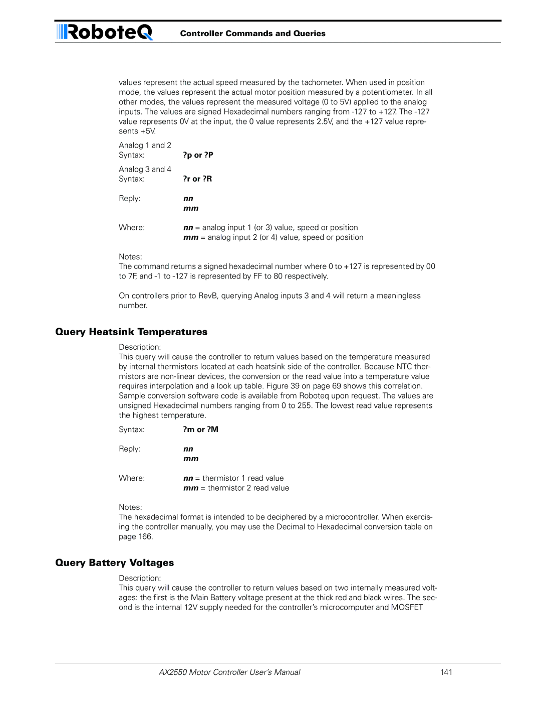 RoboteQ AX2850 user manual Query Heatsink Temperatures, Query Battery Voltages, ?r or ?R, ?m or ?M 