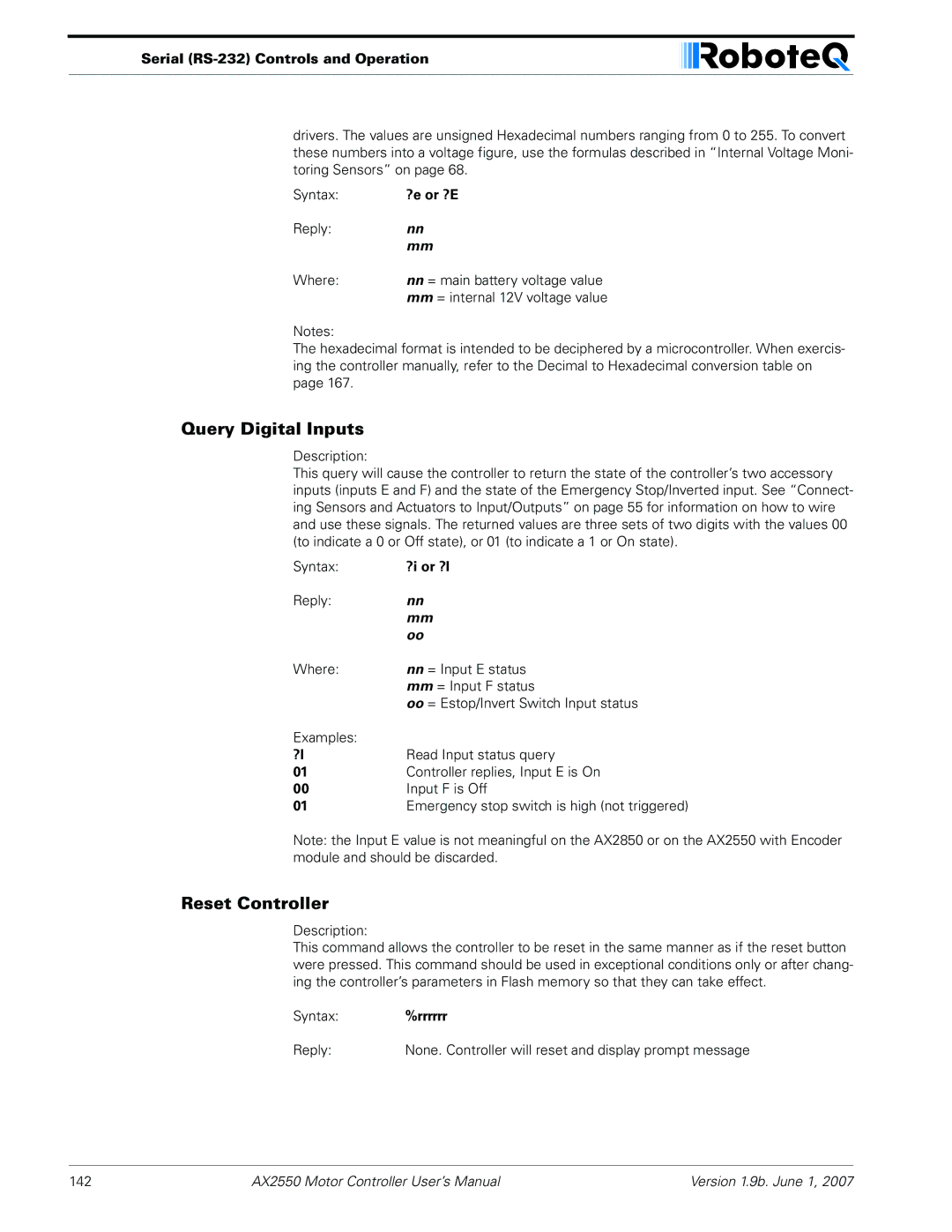 RoboteQ AX2850 user manual Query Digital Inputs, Reset Controller 