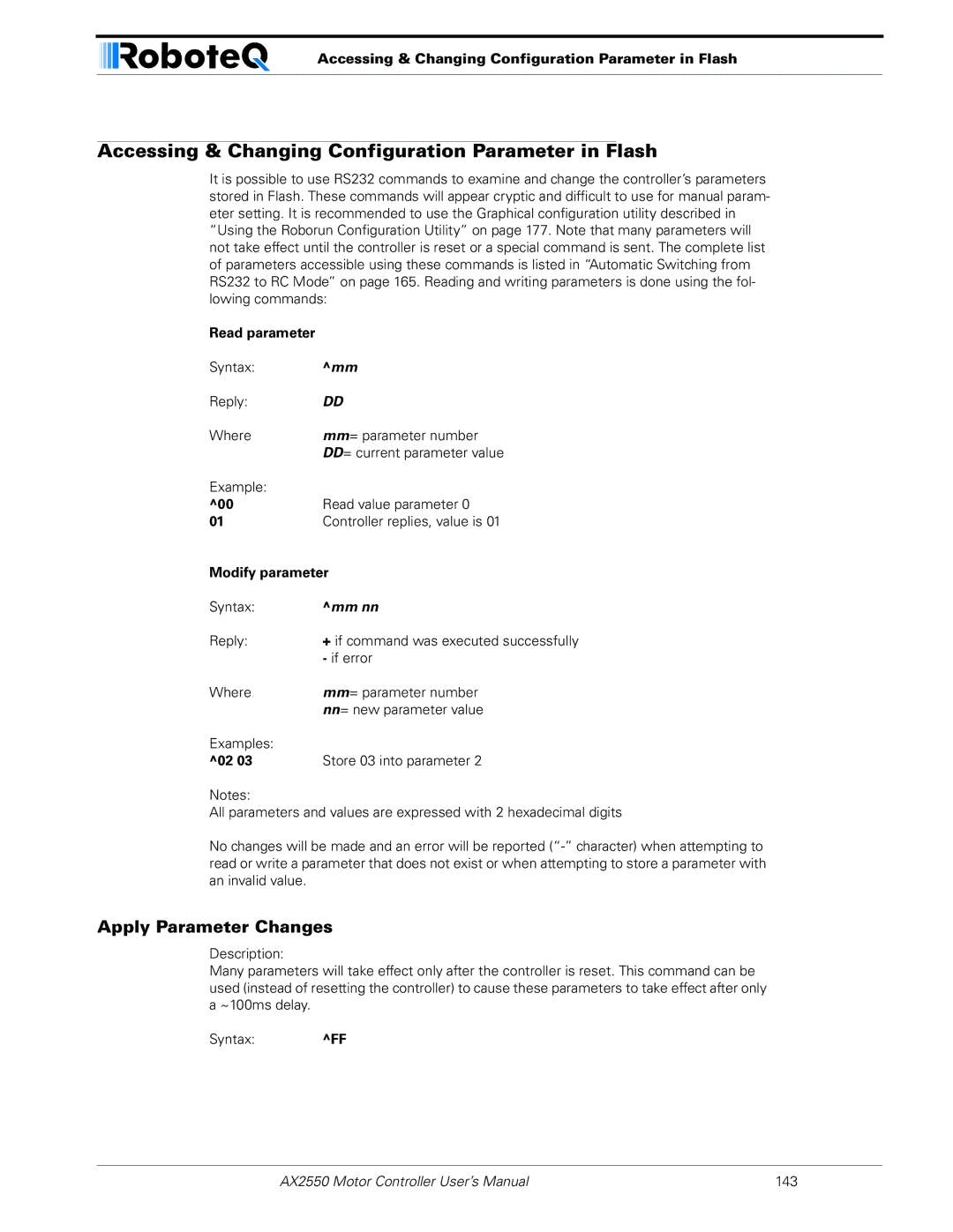 RoboteQ AX2850 user manual Accessing & Changing Configuration Parameter in Flash, Apply Parameter Changes, Read parameter 