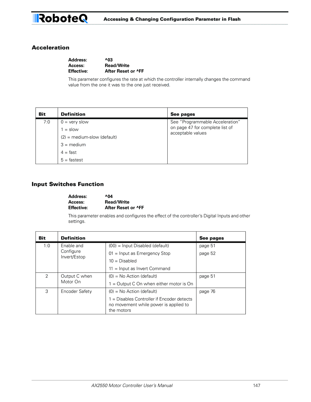 RoboteQ AX2850 user manual Acceleration, Input Switches Function 