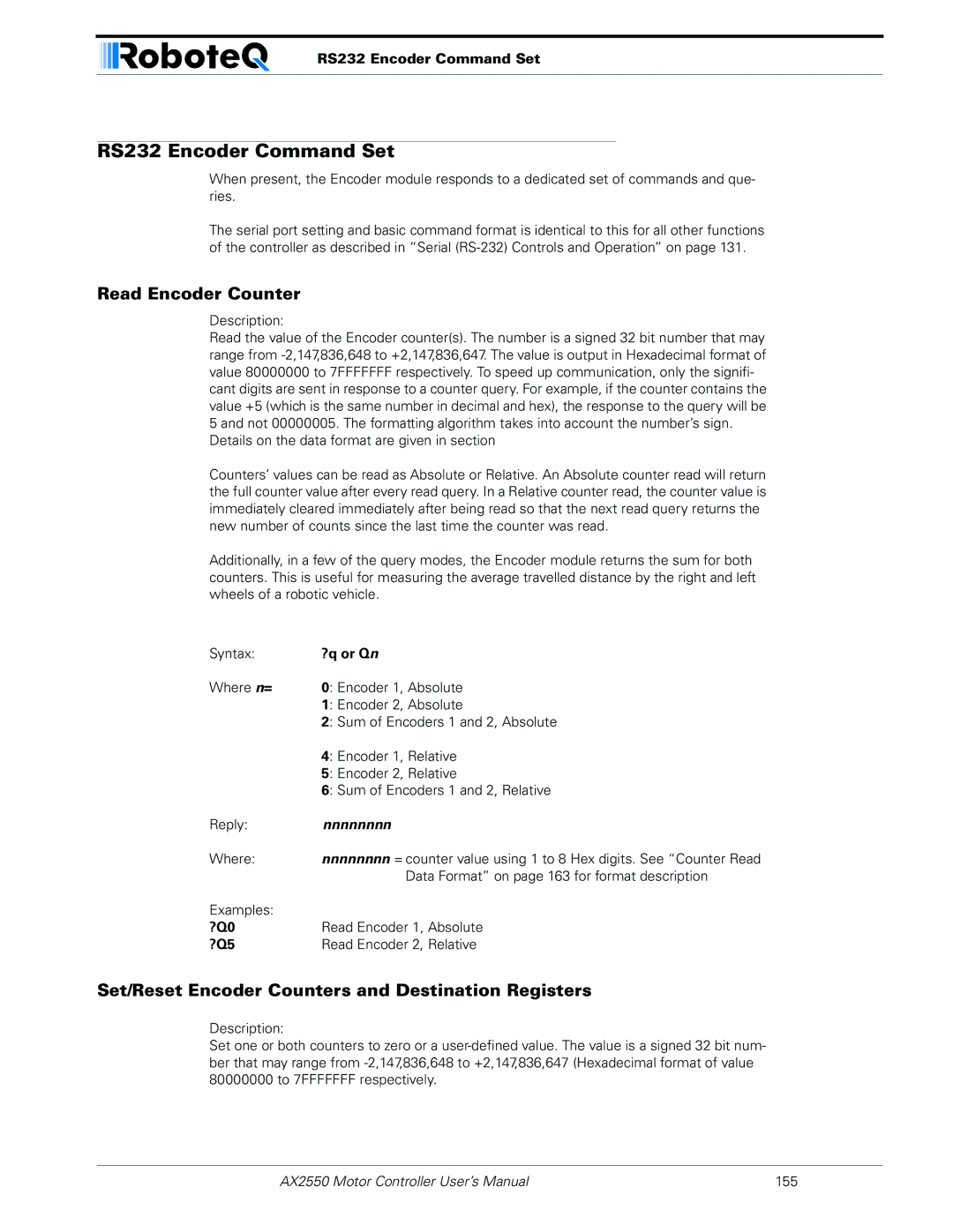 RoboteQ AX2850 RS232 Encoder Command Set, Read Encoder Counter, Set/Reset Encoder Counters and Destination Registers 