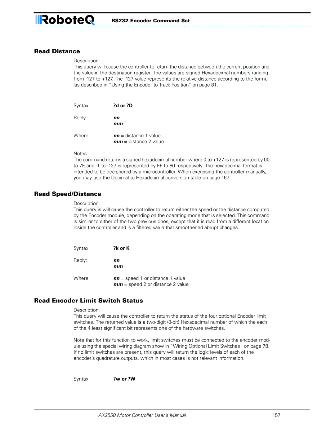 RoboteQ AX2850 user manual Read Distance, Read Speed/Distance, Read Encoder Limit Switch Status 