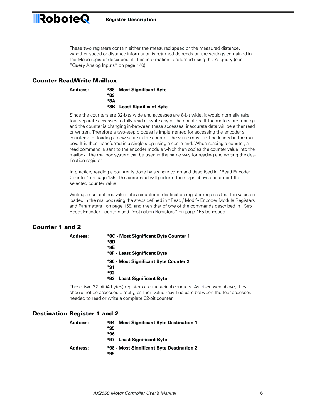 RoboteQ AX2850 user manual Counter Read/Write Mailbox, Counter 1, Destination Register 1, Register Description 