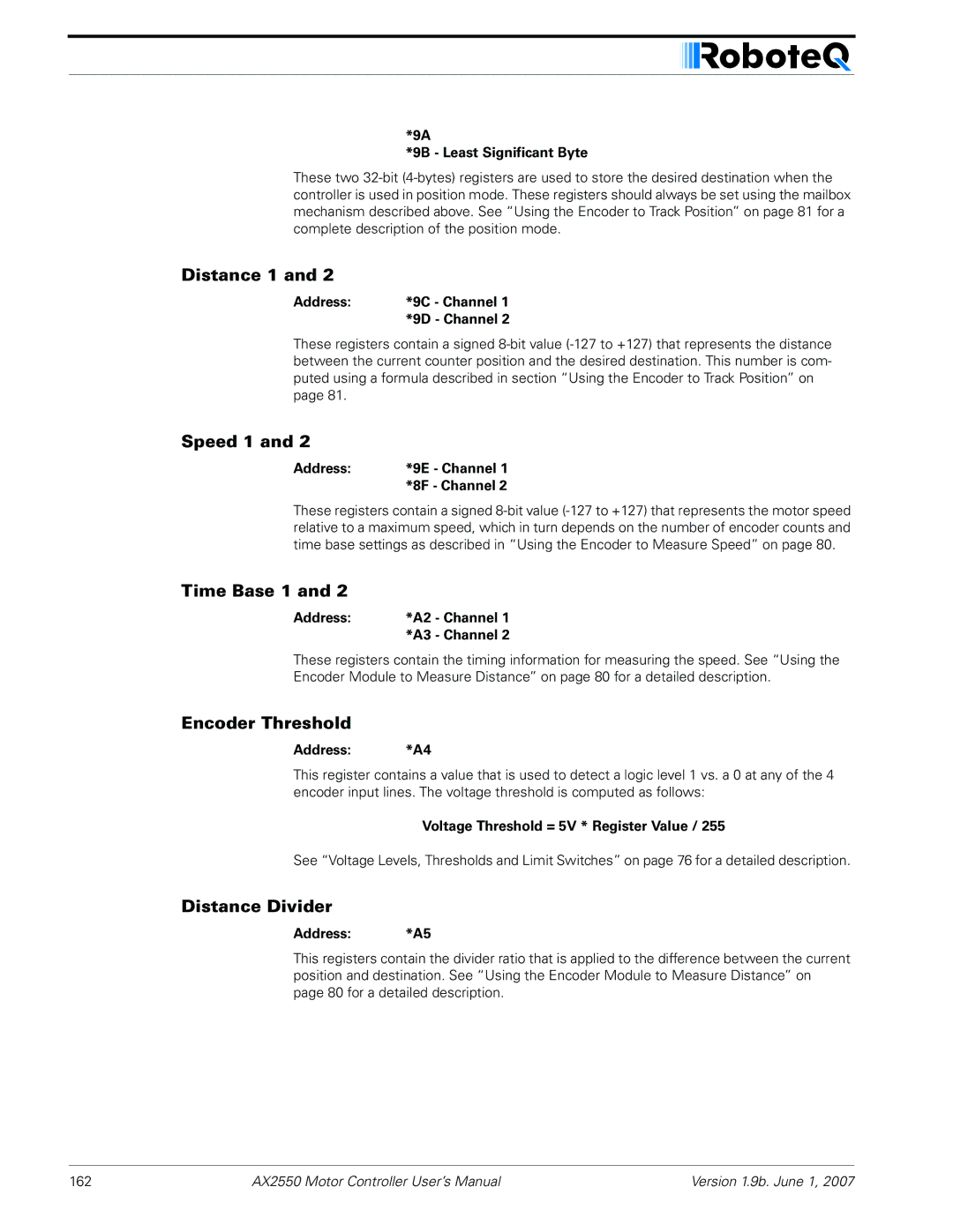 RoboteQ AX2850 user manual Distance 1, Speed 1, Time Base 1, Encoder Threshold, Distance Divider 