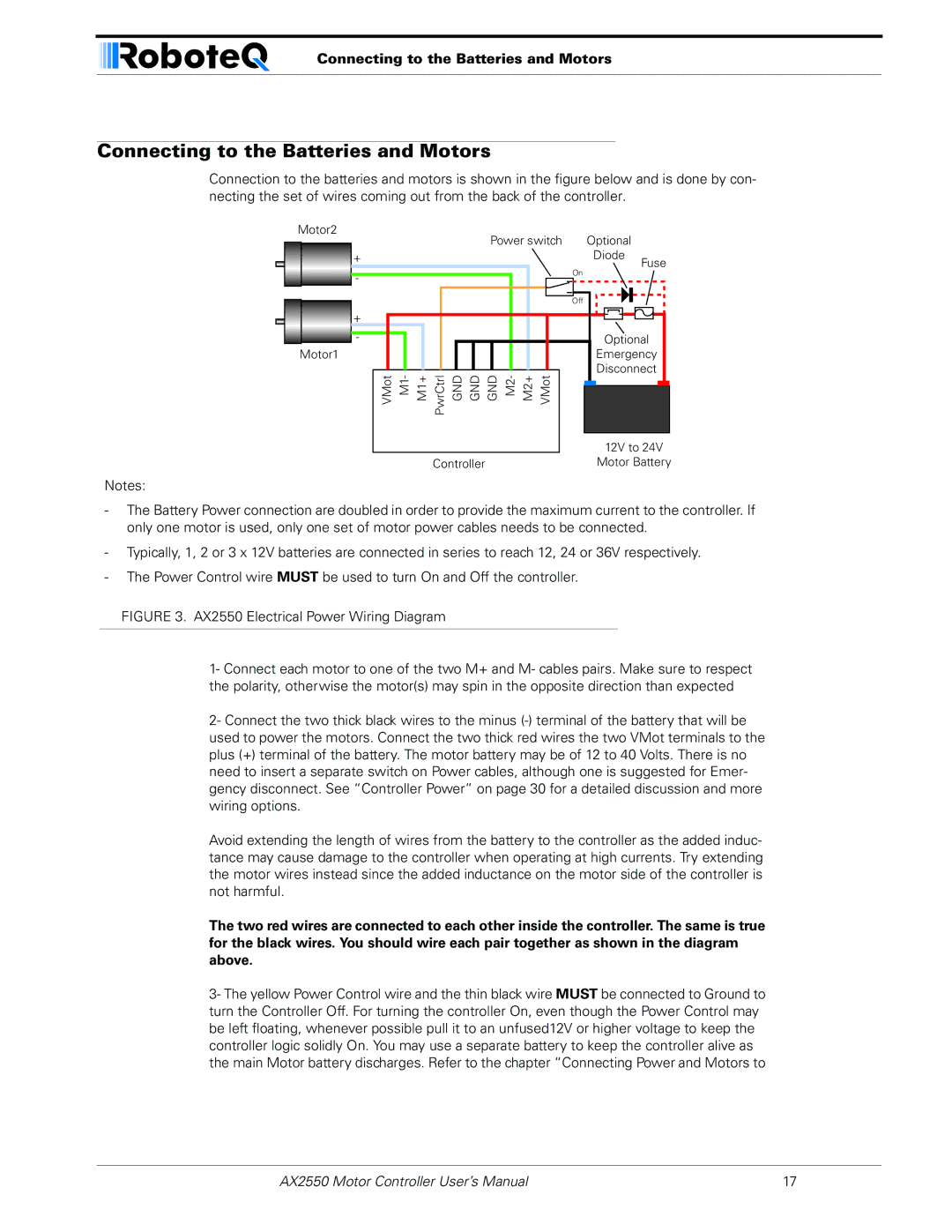 RoboteQ AX2850 user manual Connecting to the Batteries and Motors 