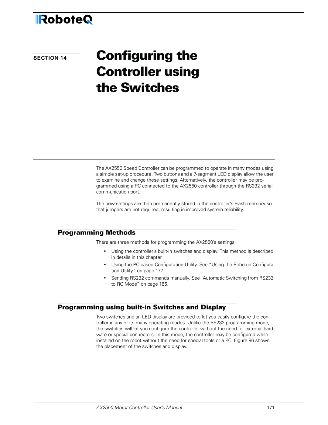 RoboteQ AX2850 Configuring Controller using Switches, Programming Methods, Programming using built-in Switches and Display 