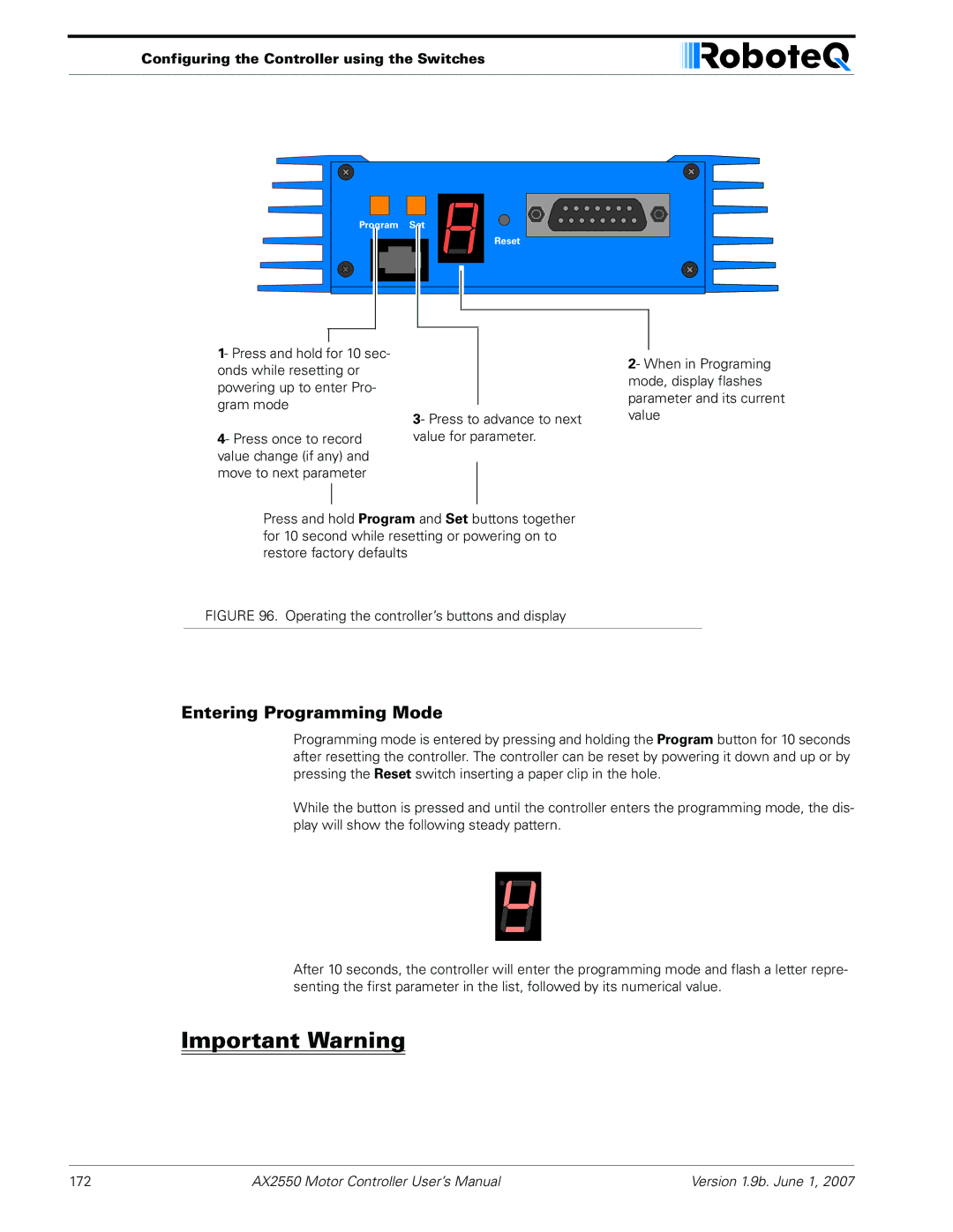 RoboteQ AX2850 user manual Entering Programming Mode, Configuring the Controller using the Switches 