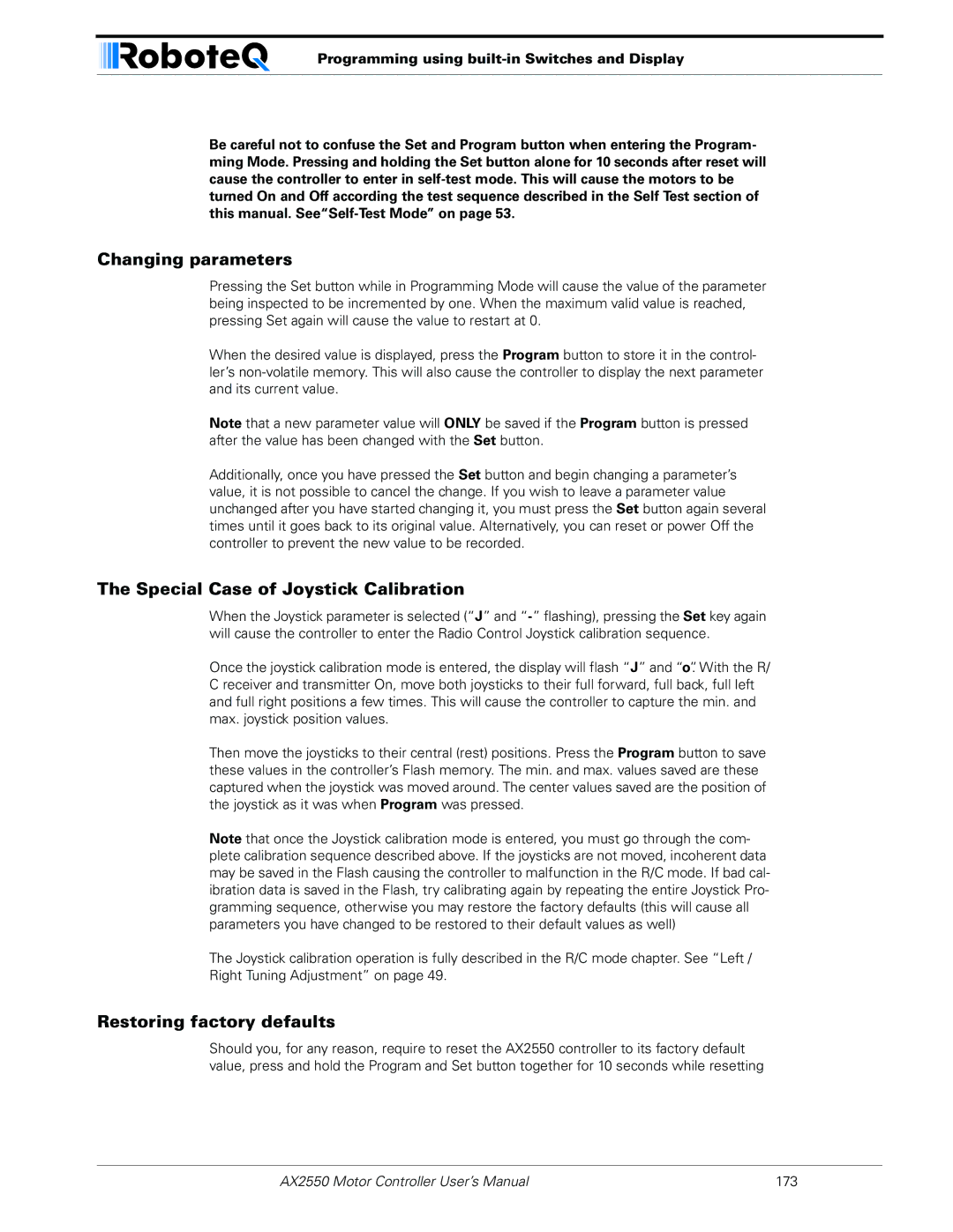 RoboteQ AX2850 user manual Changing parameters, Special Case of Joystick Calibration, Restoring factory defaults 