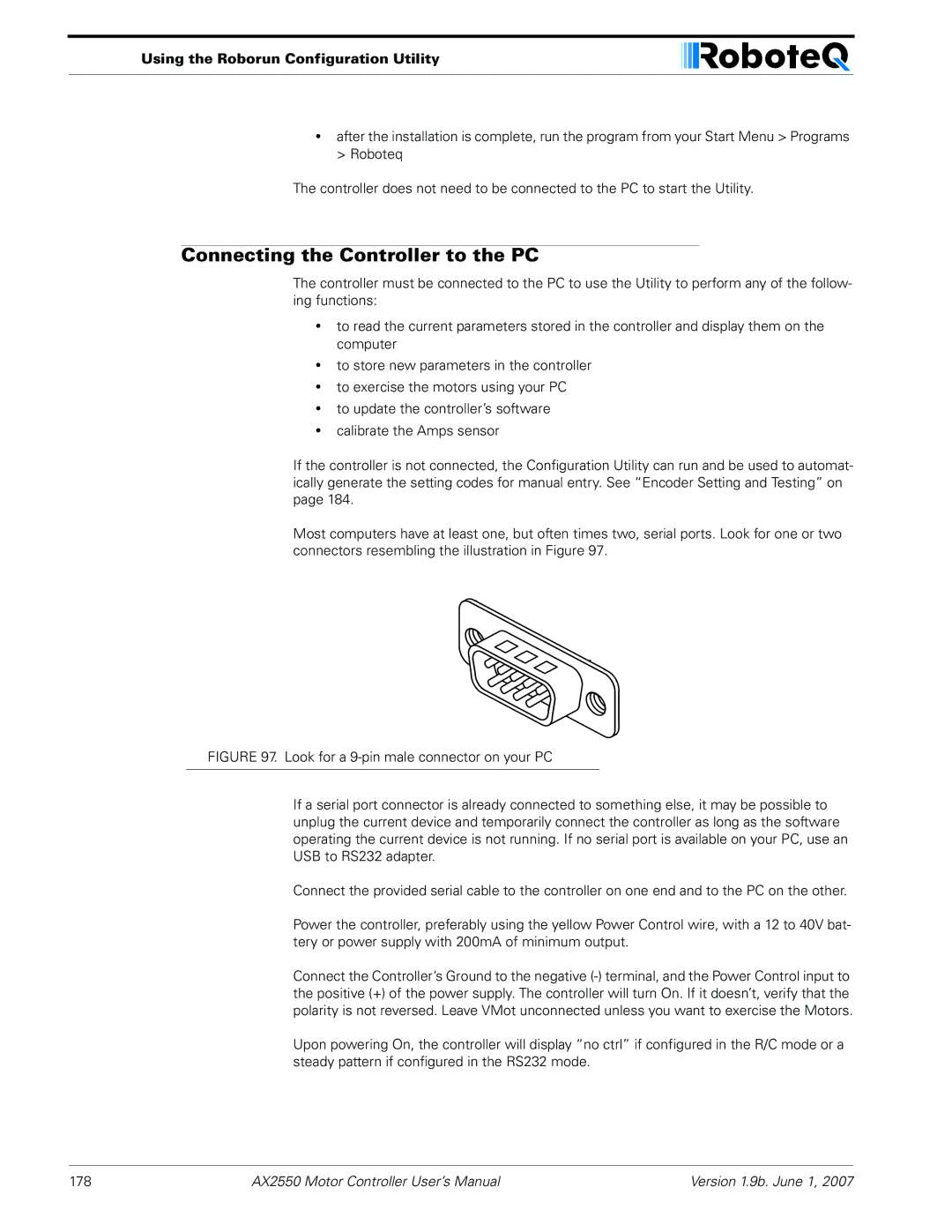 RoboteQ AX2850 user manual Connecting the Controller to the PC, Using the Roborun Configuration Utility 