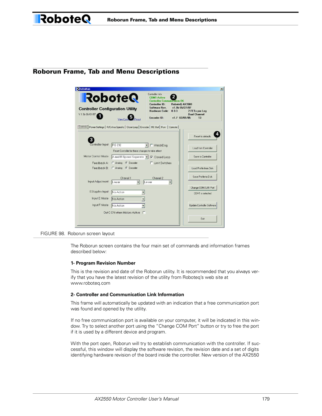 RoboteQ AX2850 user manual Roborun Frame, Tab and Menu Descriptions 