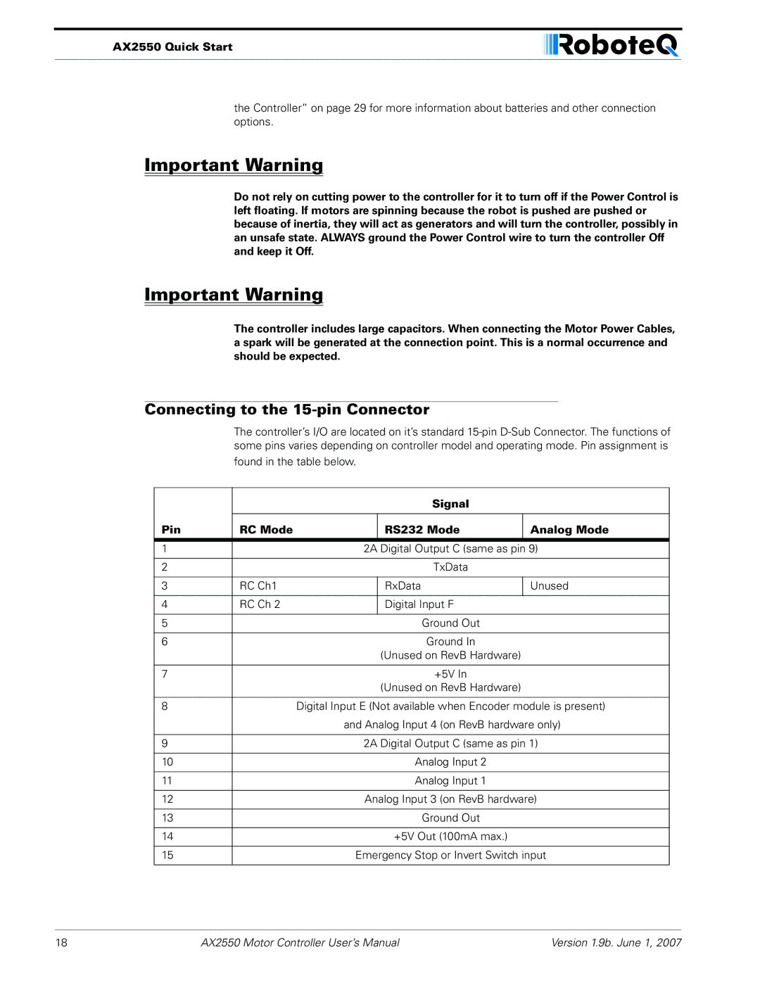 RoboteQ AX2850 user manual Connecting to the 15-pin Connector, Signal Pin RC Mode RS232 Mode Analog Mode 