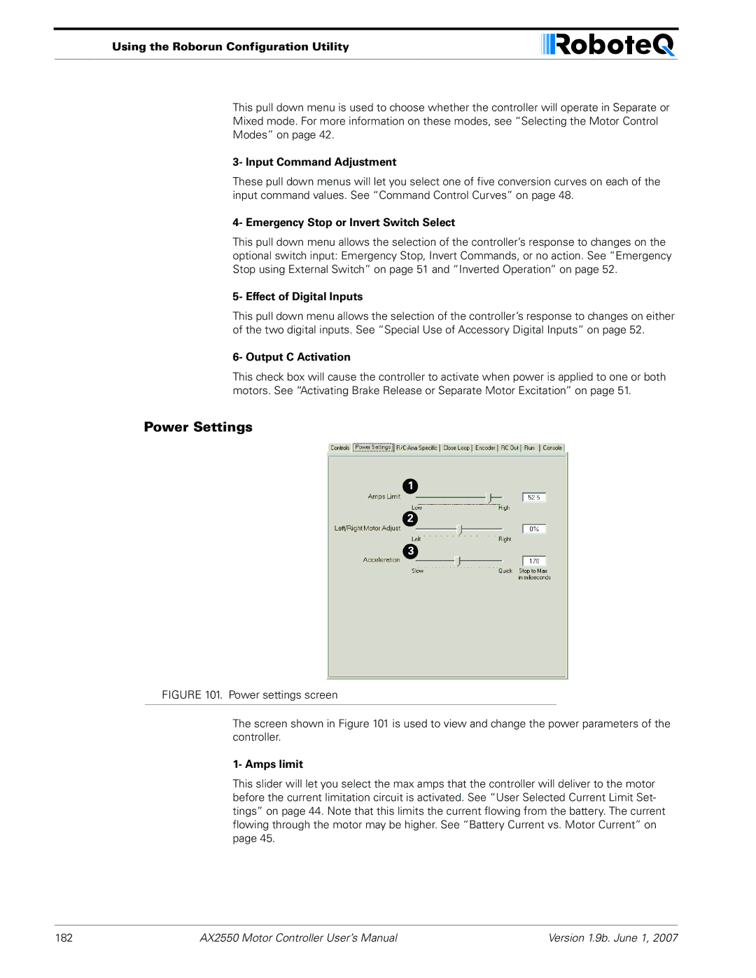 RoboteQ AX2850 user manual Power Settings 