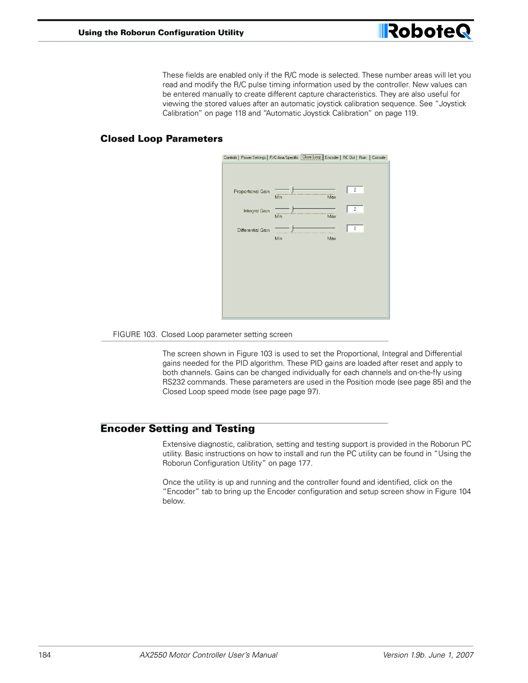 RoboteQ AX2850 user manual Encoder Setting and Testing, Closed Loop Parameters 