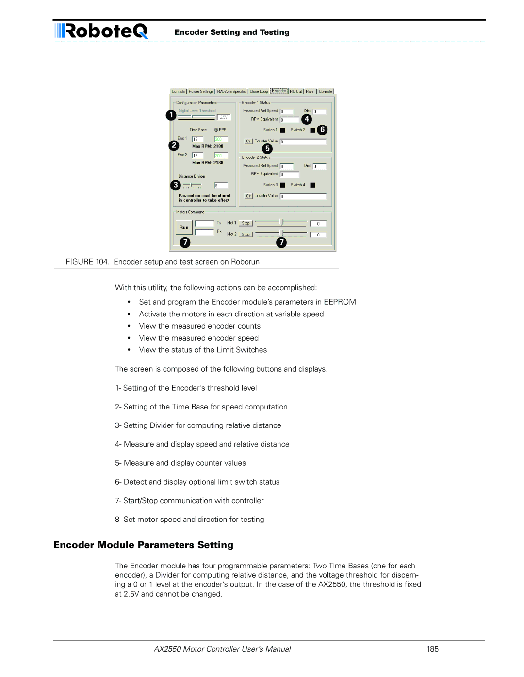 RoboteQ AX2850 user manual Encoder Module Parameters Setting, Encoder Setting and Testing 