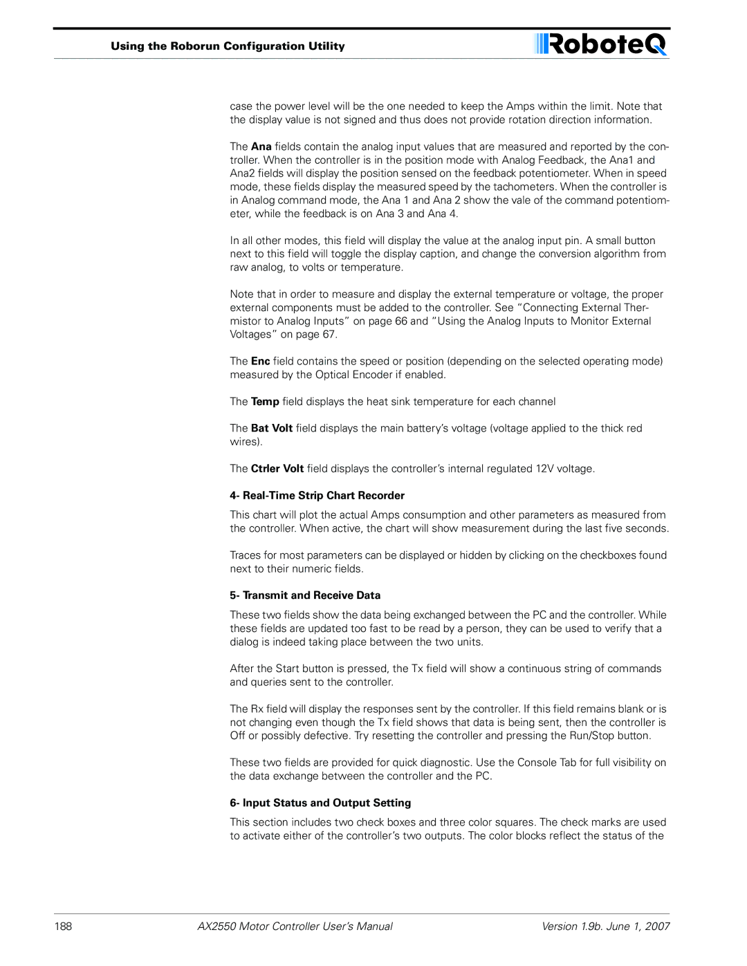 RoboteQ AX2850 user manual Real-Time Strip Chart Recorder, Transmit and Receive Data, Input Status and Output Setting 