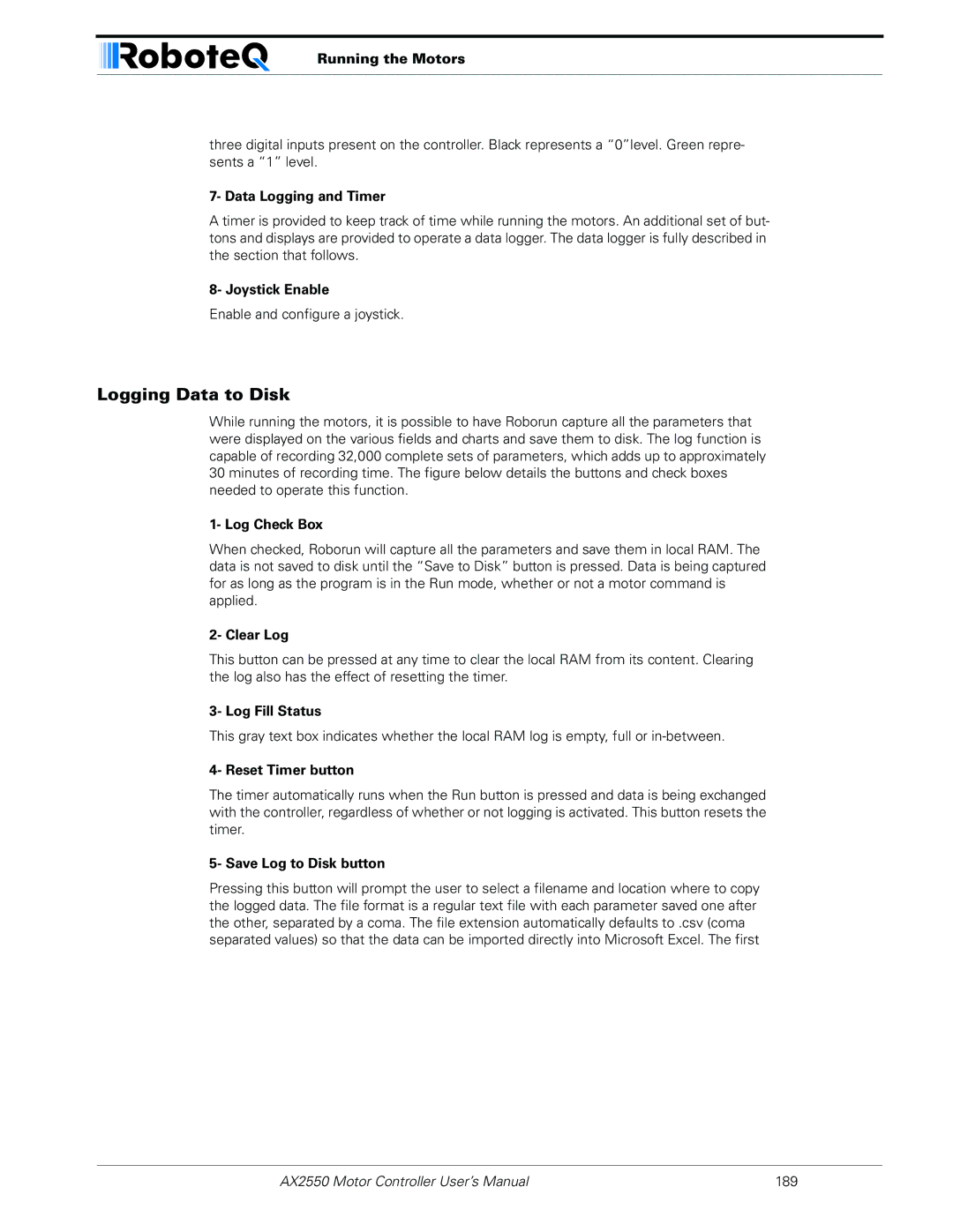 RoboteQ AX2850 user manual Logging Data to Disk 