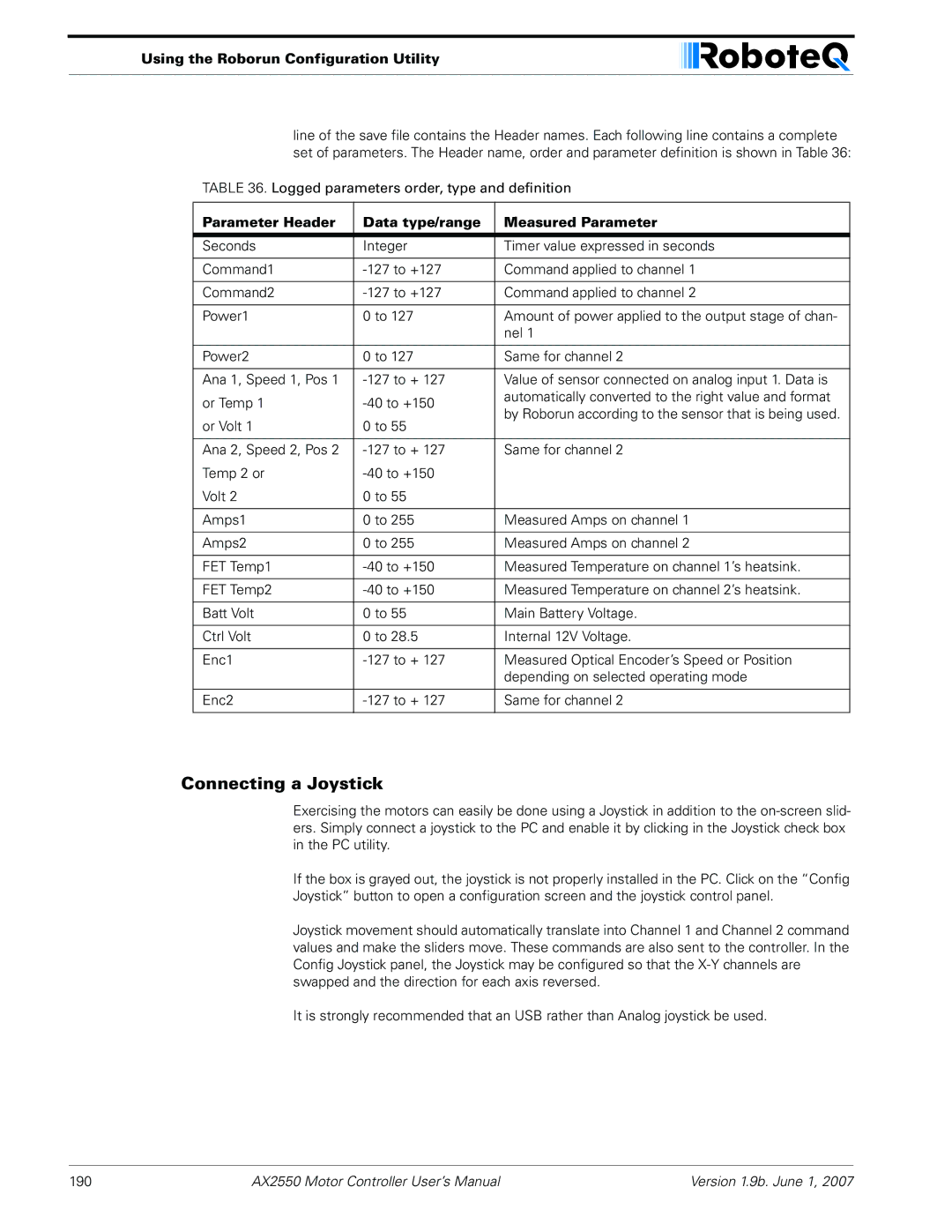 RoboteQ AX2850 user manual Connecting a Joystick, Parameter Header Data type/range Measured Parameter 