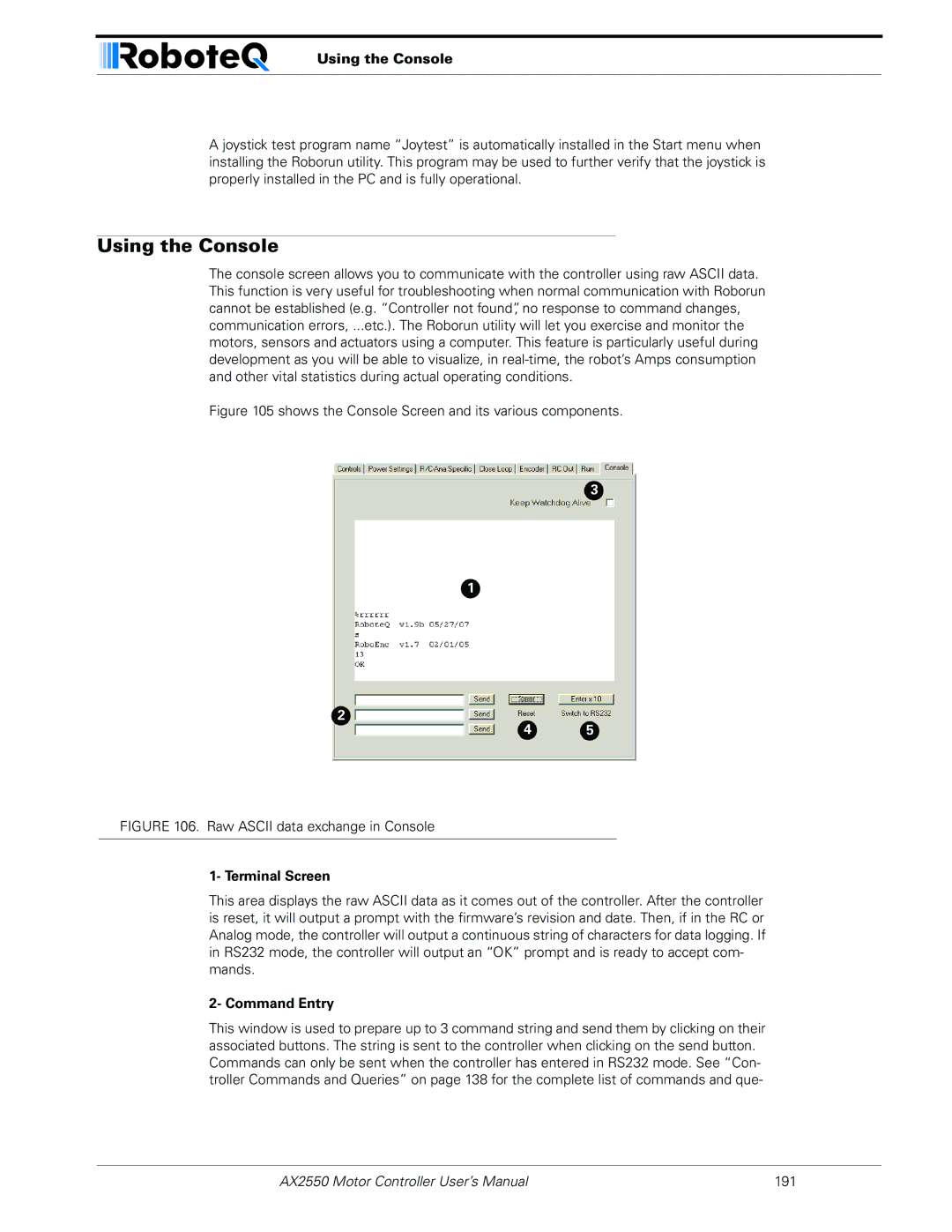 RoboteQ AX2850 user manual Using the Console, Terminal Screen, Command Entry 