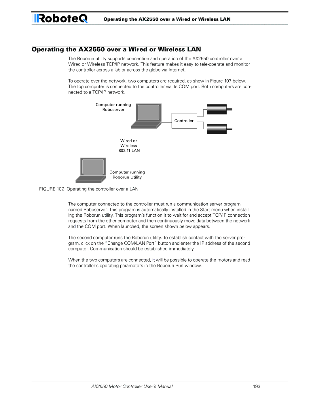 RoboteQ AX2850 user manual Operating the AX2550 over a Wired or Wireless LAN 