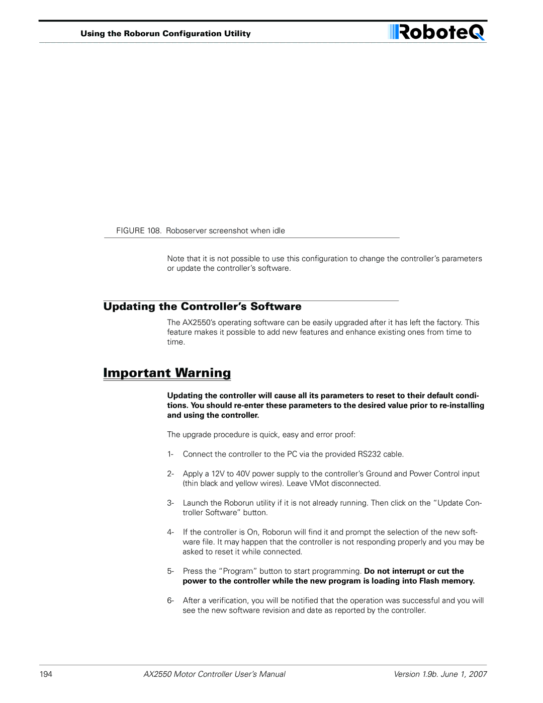 RoboteQ AX2850 user manual Updating the Controller’s Software, Roboserver screenshot when idle 