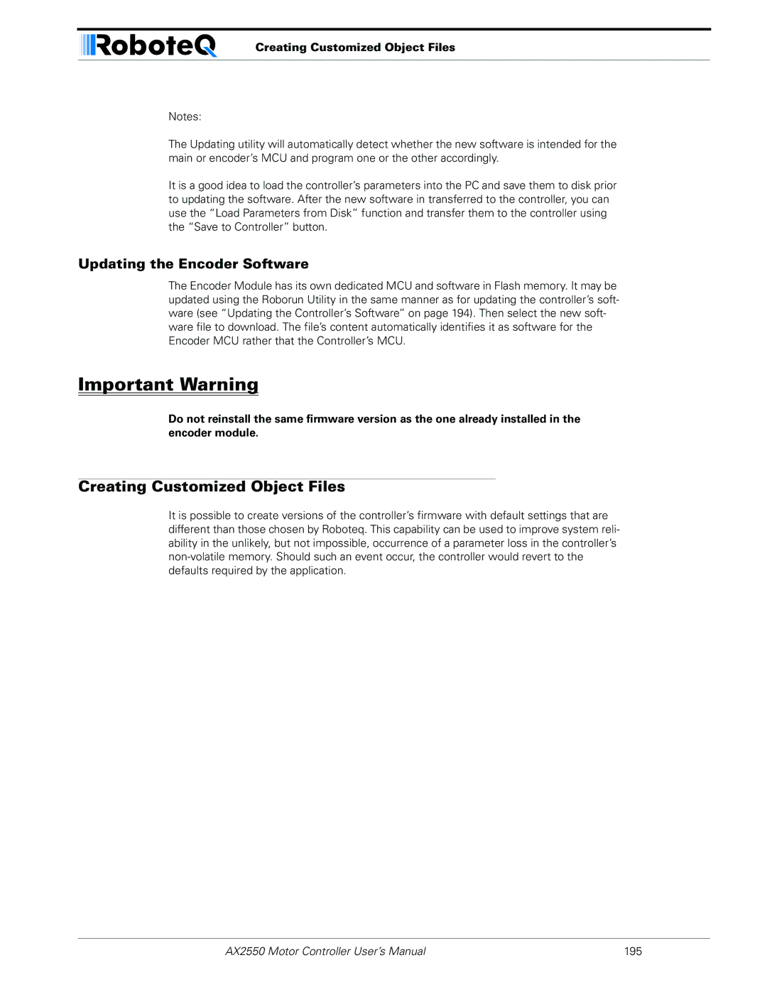 RoboteQ AX2850 user manual Creating Customized Object Files, Updating the Encoder Software 