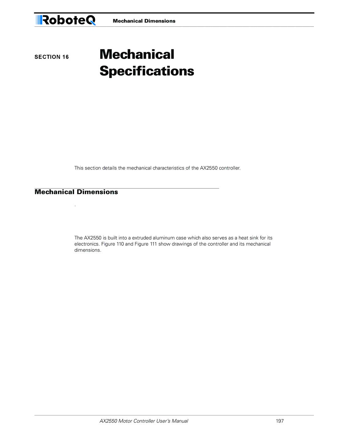 RoboteQ AX2850 user manual Mechanical Specifications, Mechanical Dimensions 