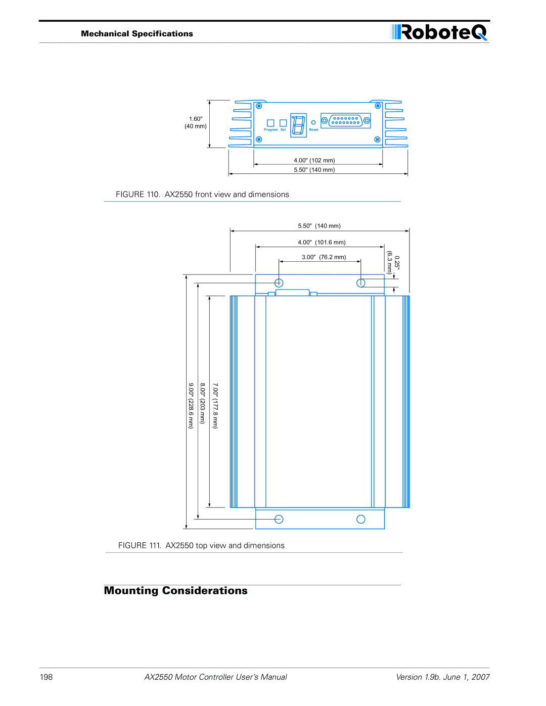 RoboteQ AX2850 user manual Mounting Considerations, Mechanical Specifications 