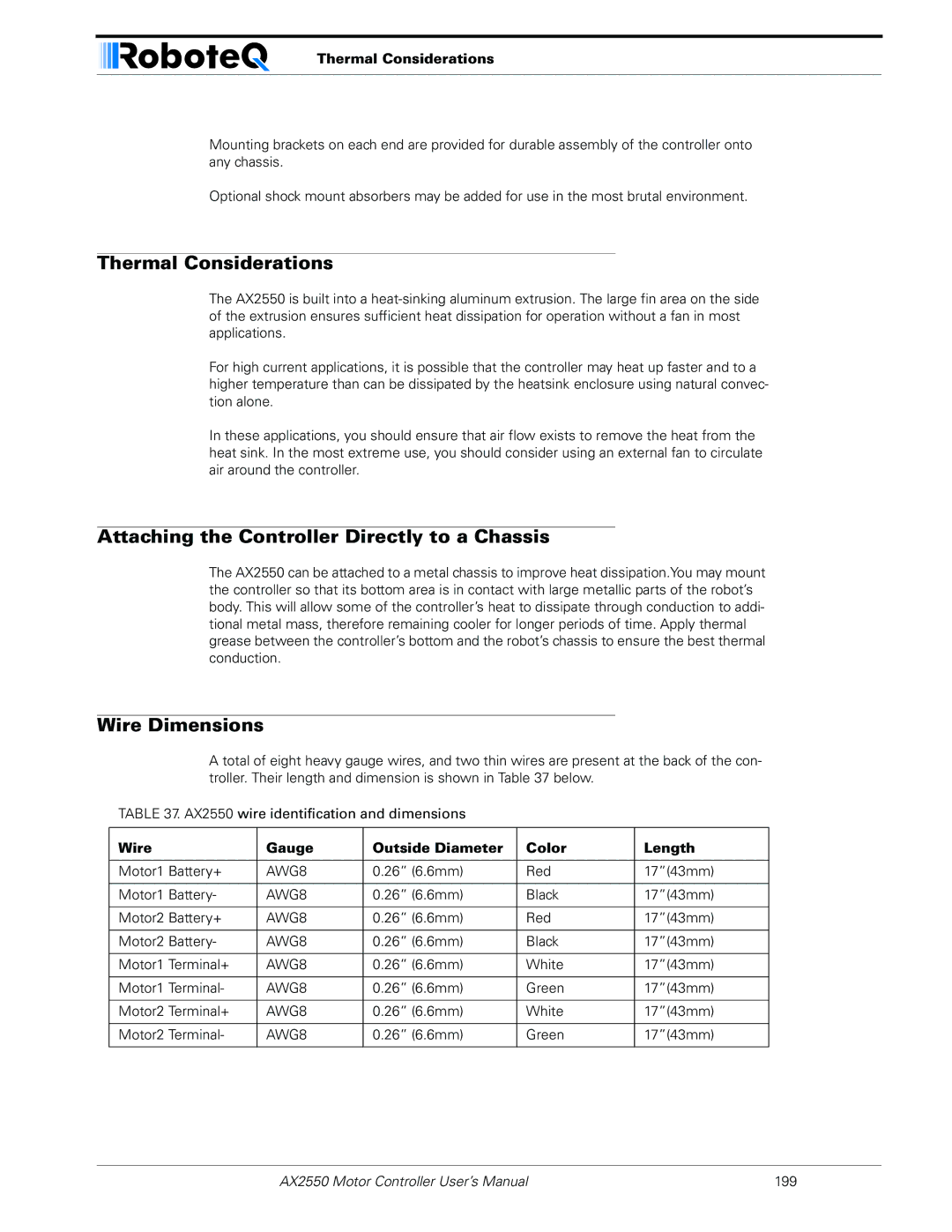 RoboteQ AX2850 user manual Thermal Considerations, Attaching the Controller Directly to a Chassis, Wire Dimensions 