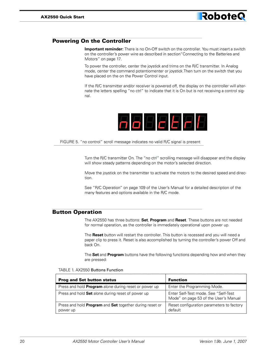 RoboteQ AX2850 user manual Powering On the Controller, Button Operation, Prog and Set button status Function 