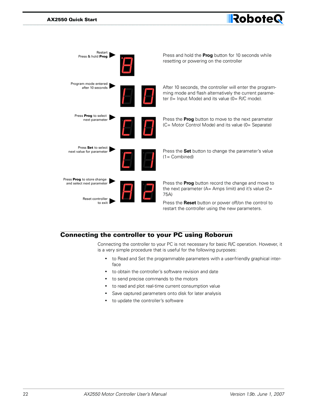 RoboteQ AX2850 user manual Connecting the controller to your PC using Roborun 