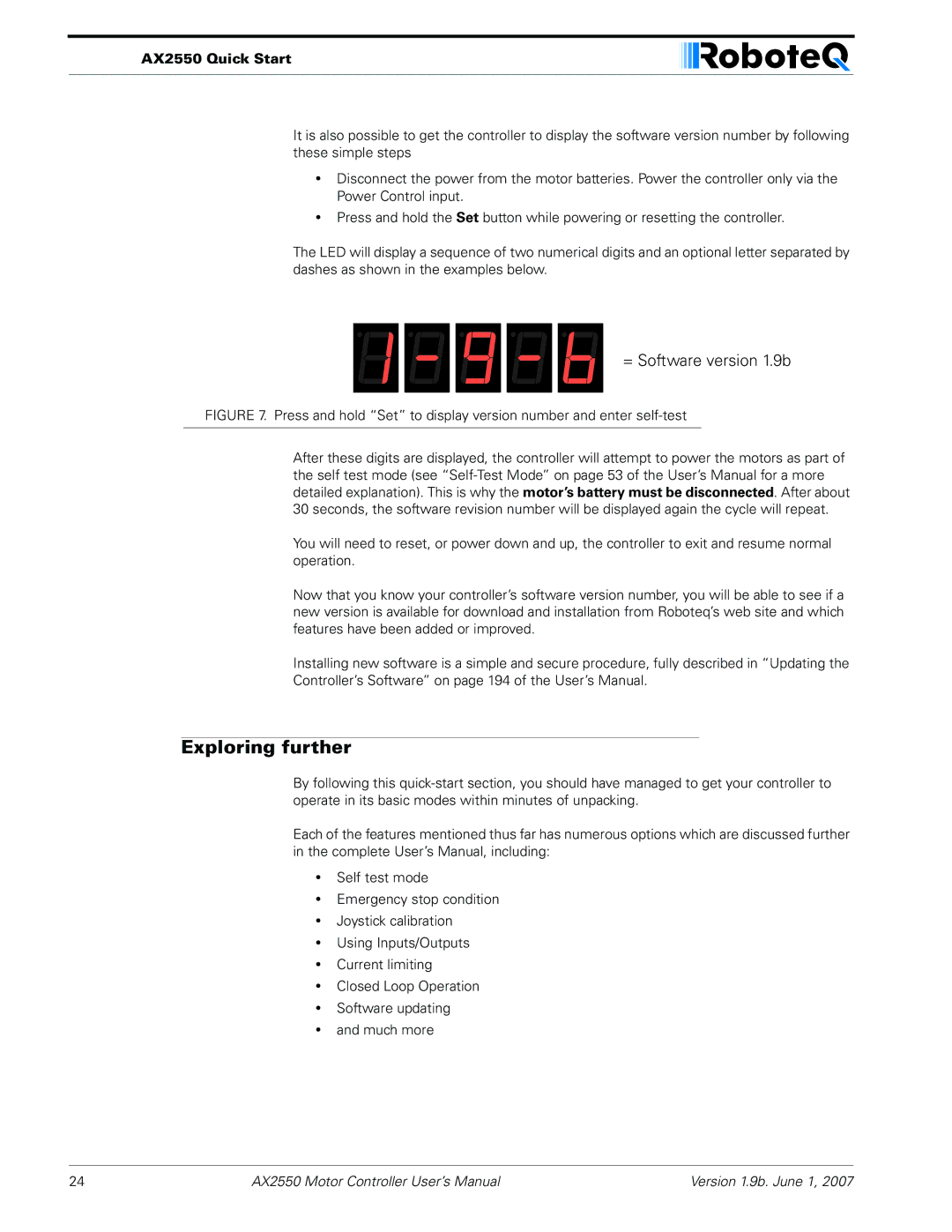 RoboteQ AX2850 user manual Exploring further, = Software version 1.9b 