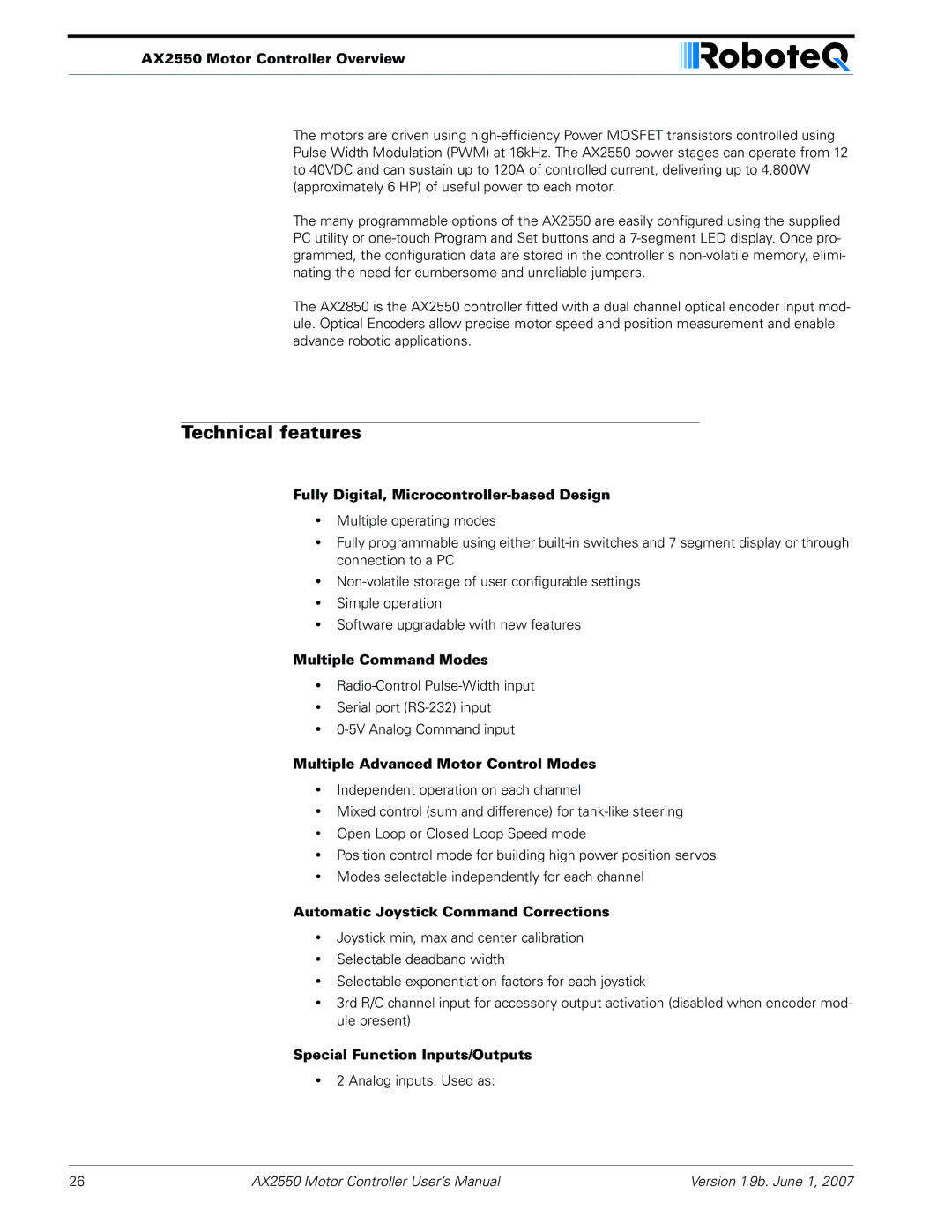 RoboteQ AX2850 user manual Technical features 