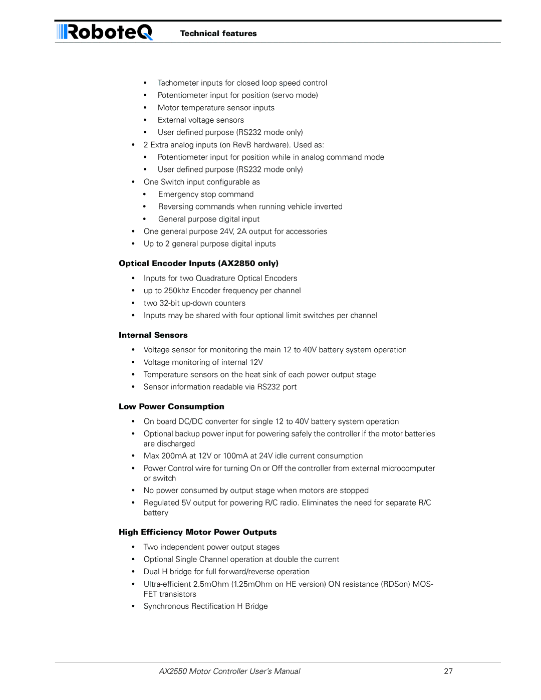 RoboteQ user manual Technical features, Optical Encoder Inputs AX2850 only, Internal Sensors, Low Power Consumption 