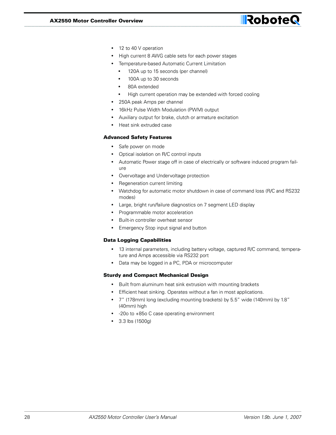 RoboteQ AX2850 user manual Advanced Safety Features, Data Logging Capabilities, Sturdy and Compact Mechanical Design 