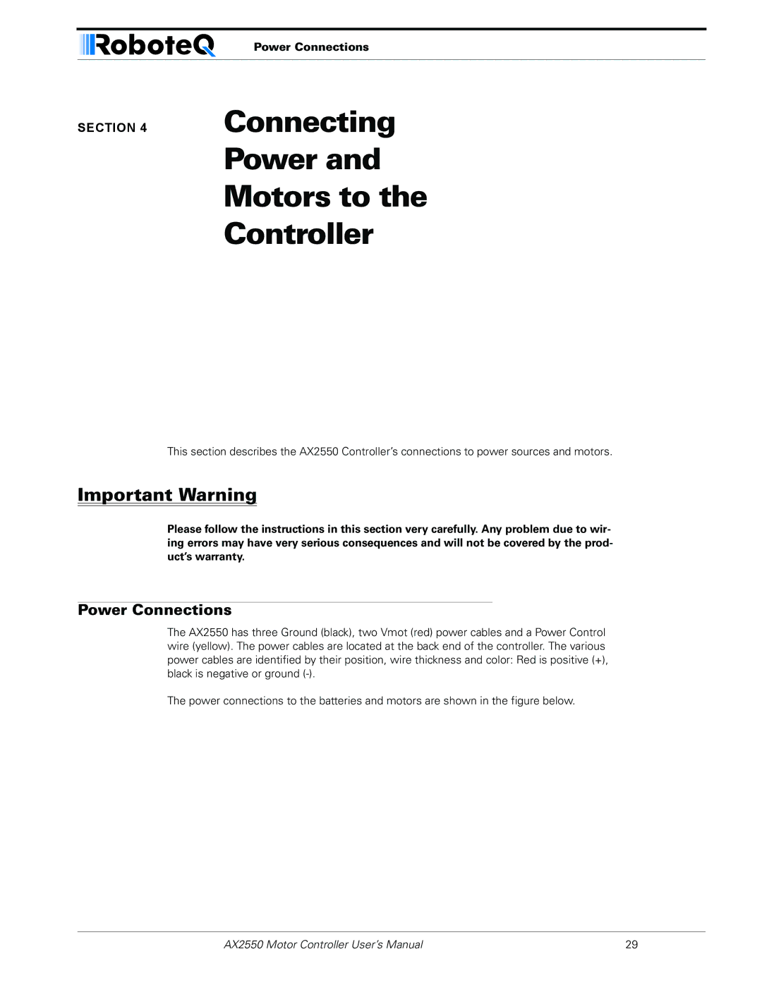 RoboteQ AX2850 user manual Connecting Power and Motors to the Controller, Power Connections 