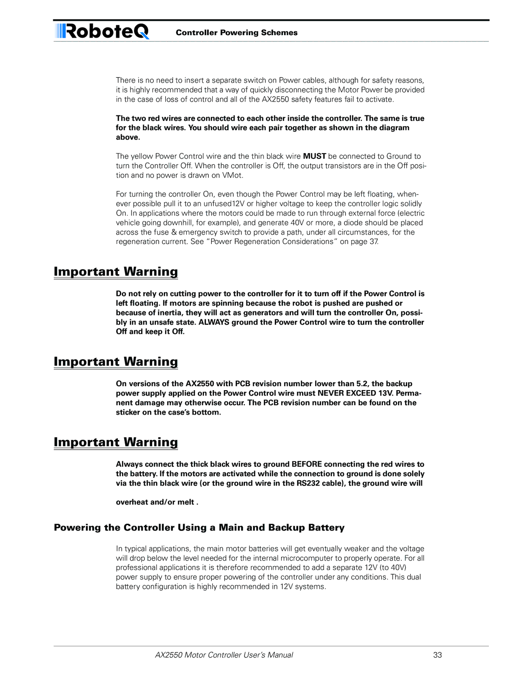 RoboteQ AX2850 user manual Powering the Controller Using a Main and Backup Battery, Controller Powering Schemes 