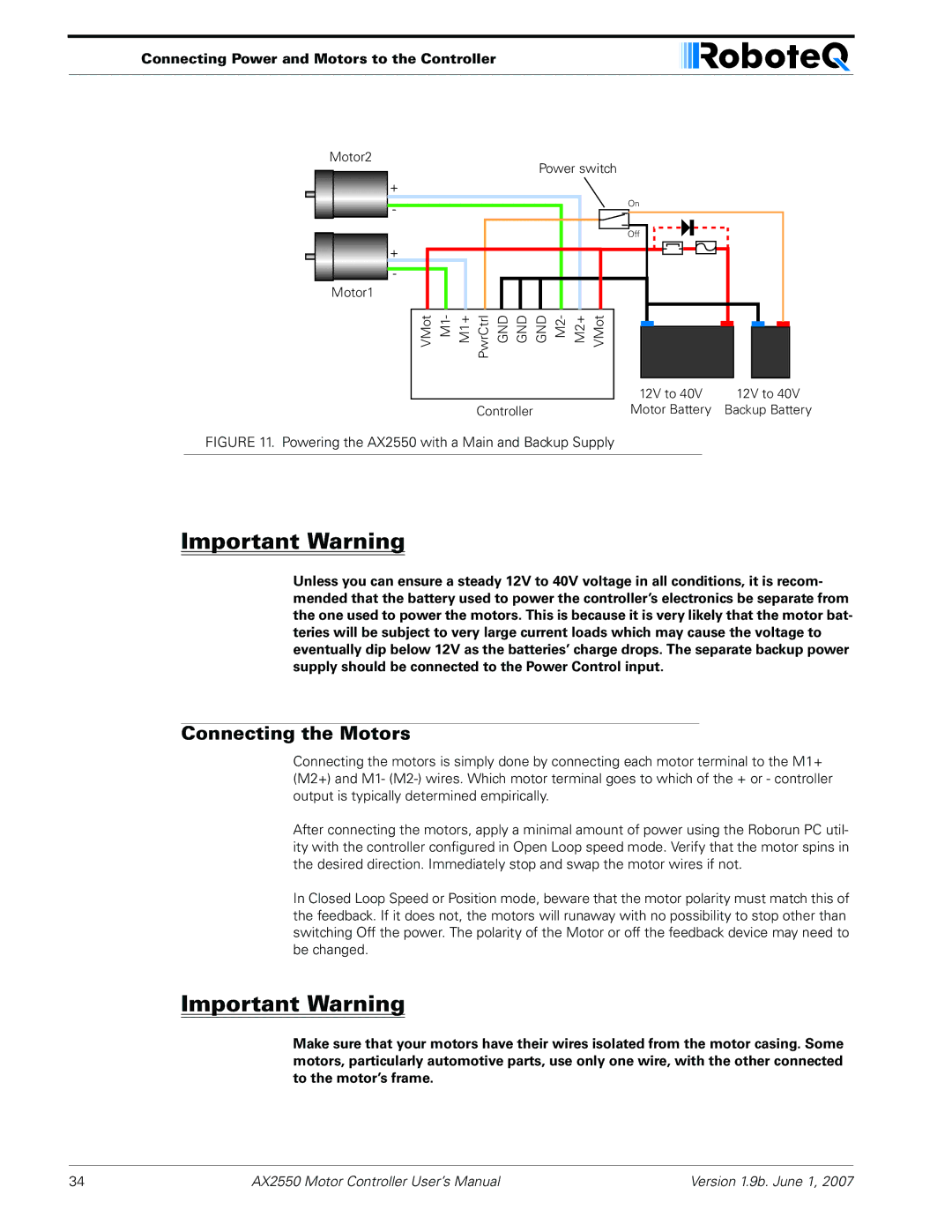 RoboteQ AX2850 user manual Connecting the Motors, Powering the AX2550 with a Main and Backup Supply 