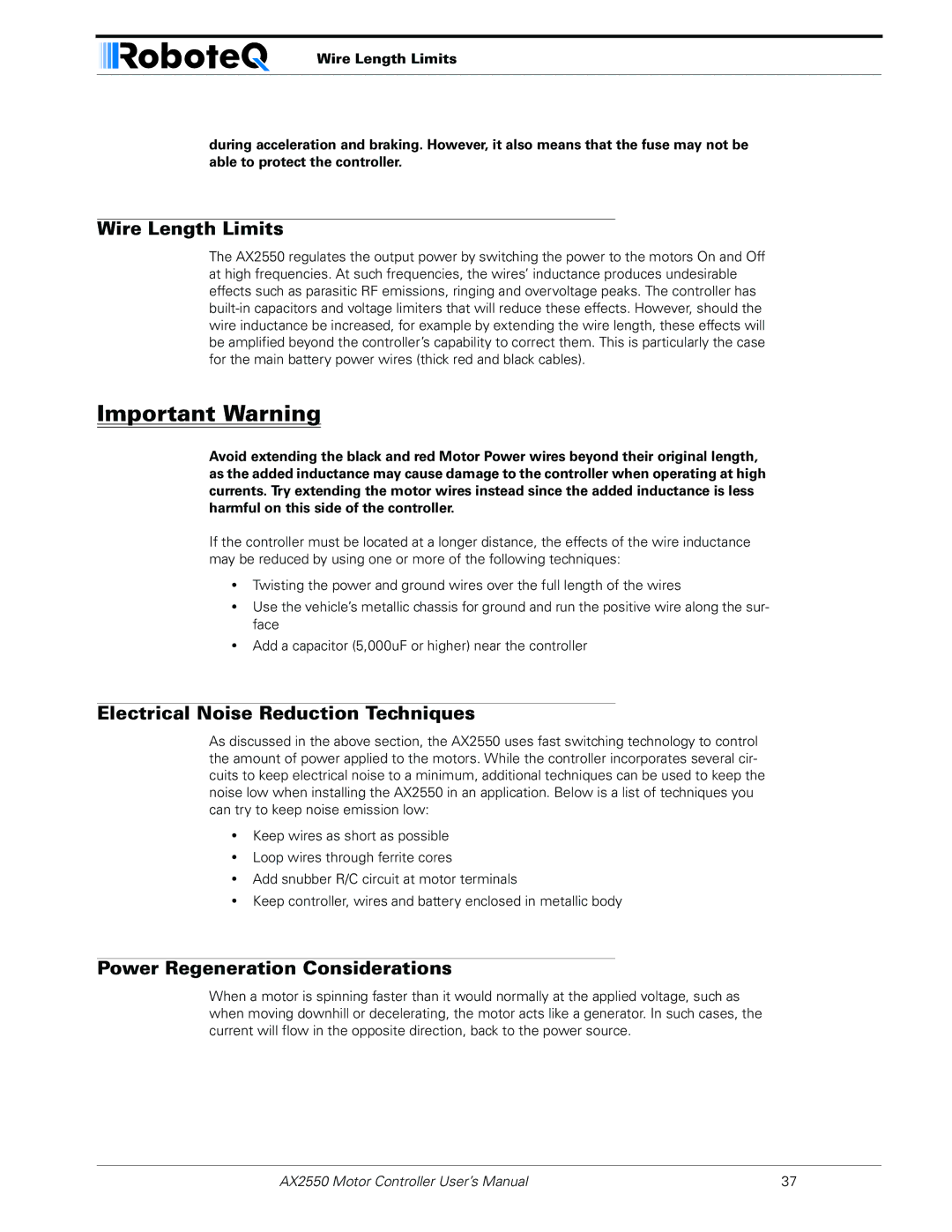 RoboteQ AX2850 user manual Wire Length Limits, Electrical Noise Reduction Techniques, Power Regeneration Considerations 