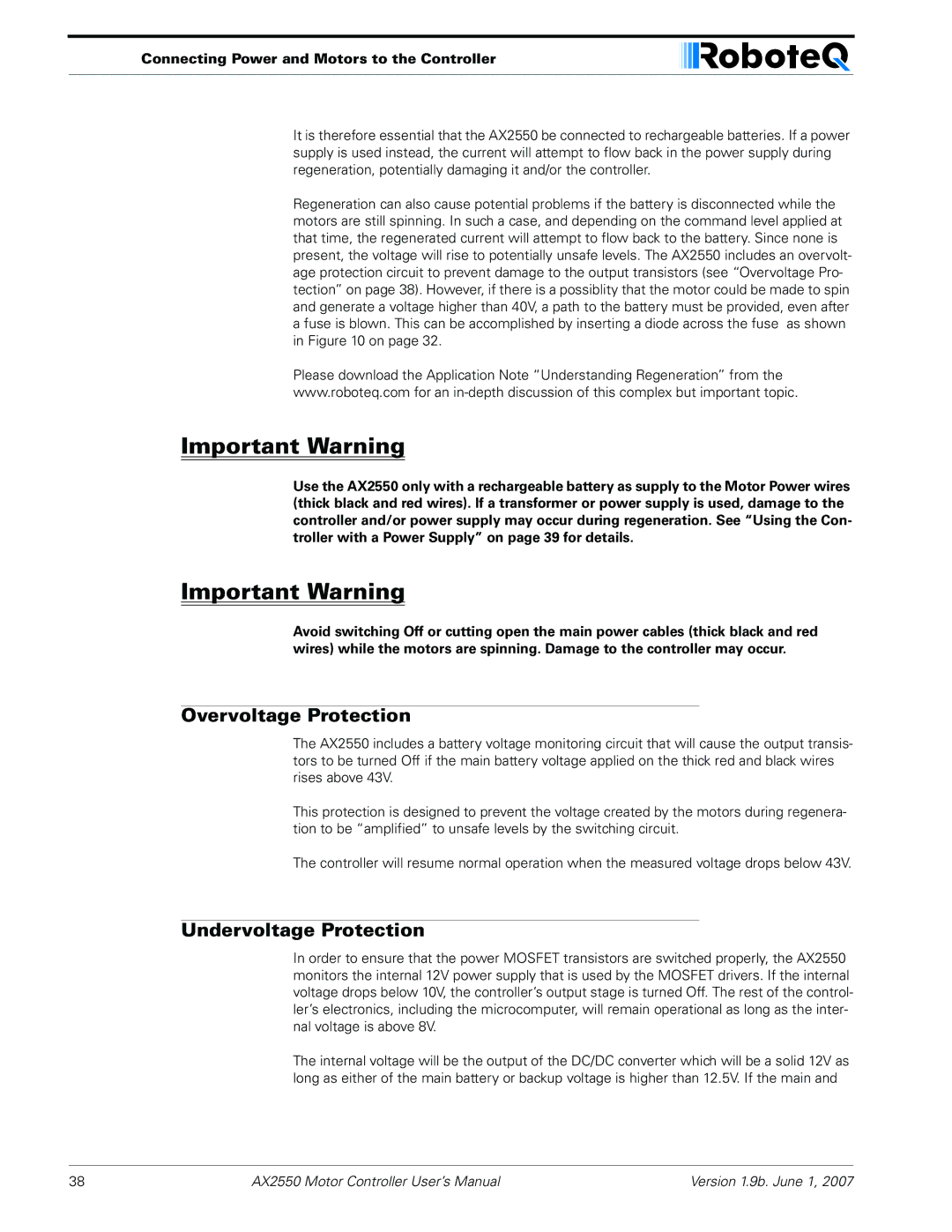 RoboteQ AX2850 user manual Overvoltage Protection, Undervoltage Protection 