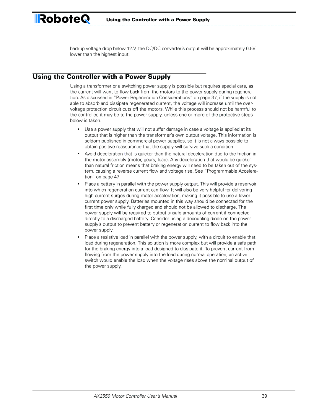 RoboteQ AX2850 user manual Using the Controller with a Power Supply 