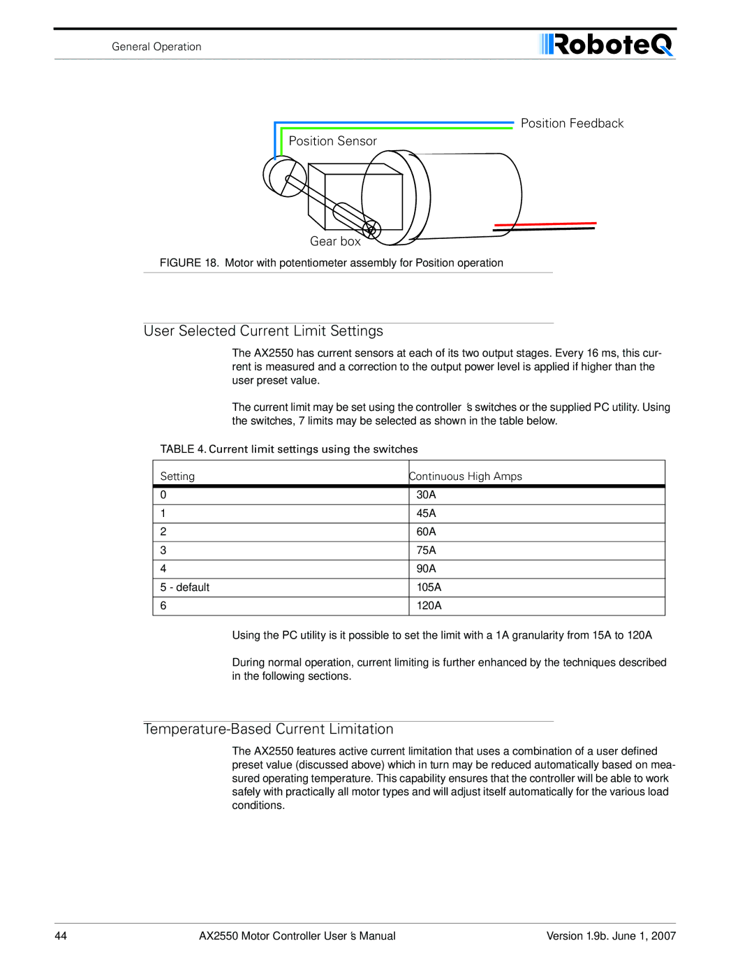 RoboteQ AX2850 User Selected Current Limit Settings, Temperature-Based Current Limitation, Setting Continuous High Amps 