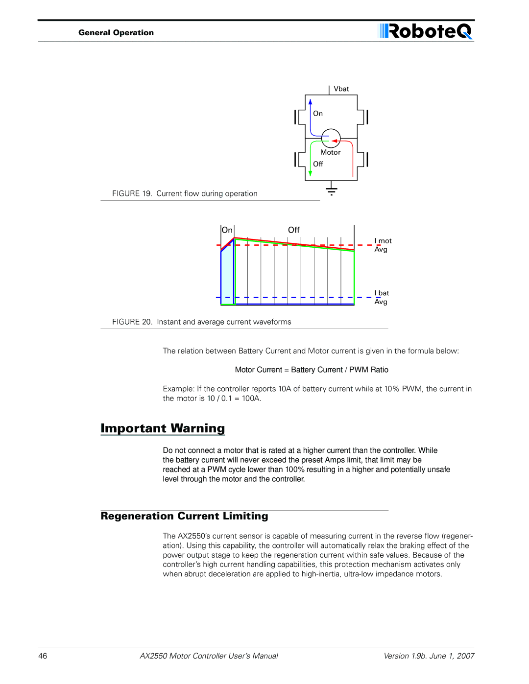 RoboteQ AX2850 user manual Regeneration Current Limiting, Off 